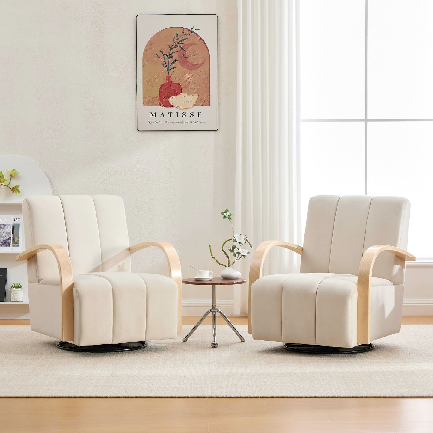 Modern Beige Upholstered Swivel Accent Chair with Solid Wood Armrests