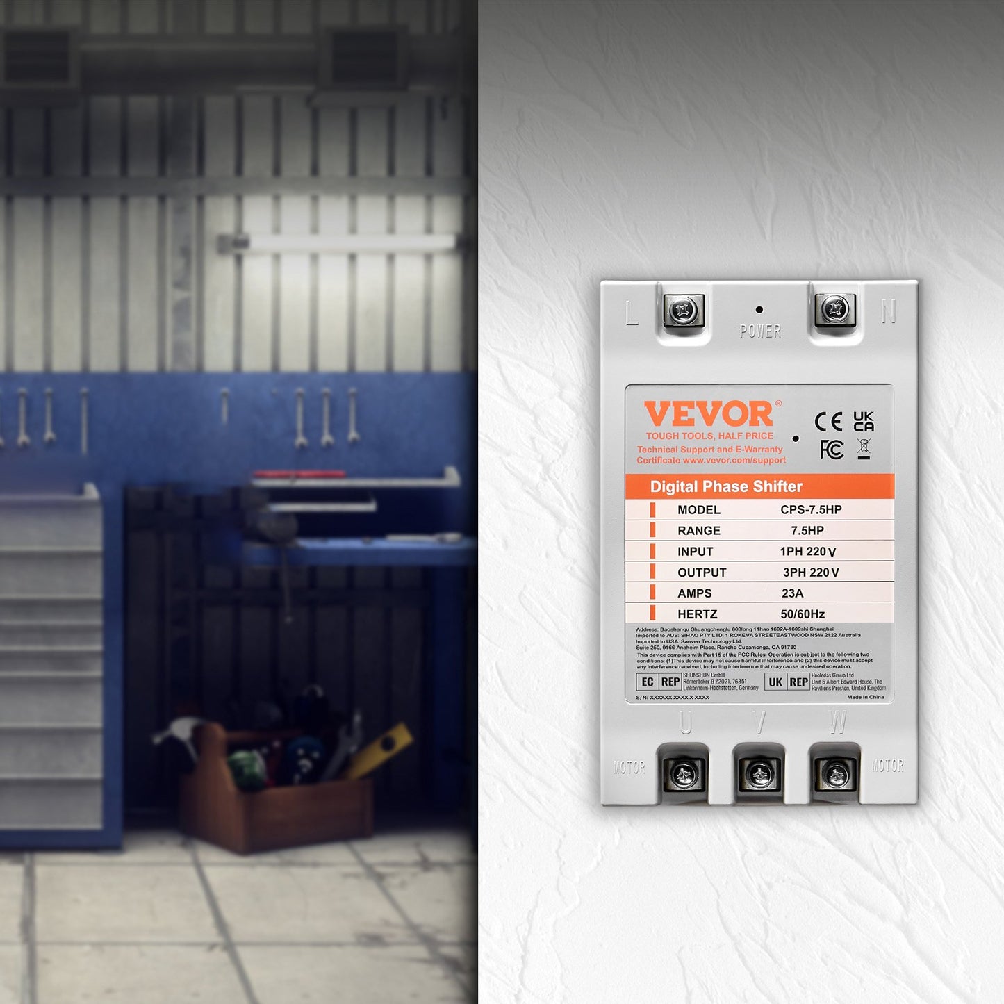 7.5HP 220V Single to Three-Phase Converter - Digital Phase Shifter for Residential & Light Commercial Use, Grey