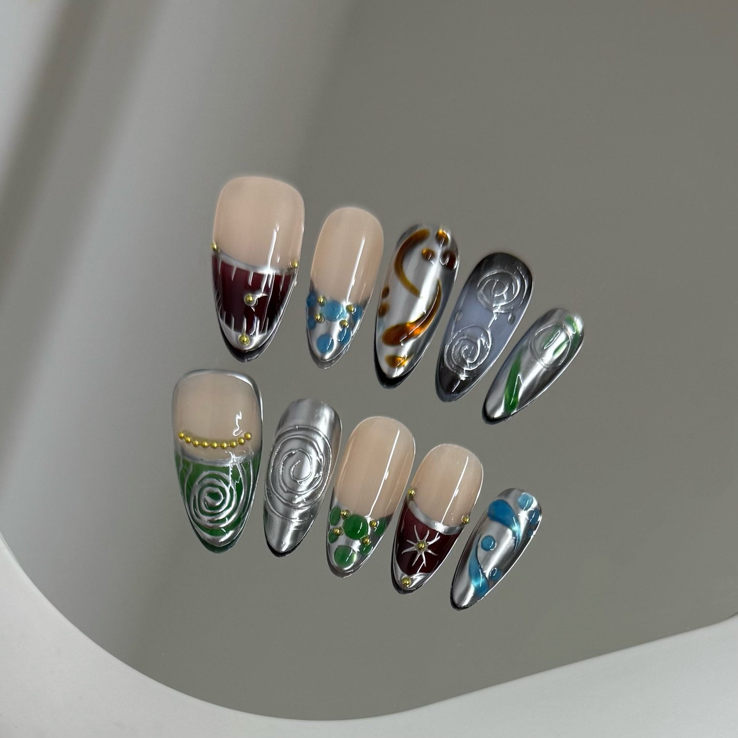 Dark Blue-Green Nail Wraps - Handmade Mysterious Pattern for Women
