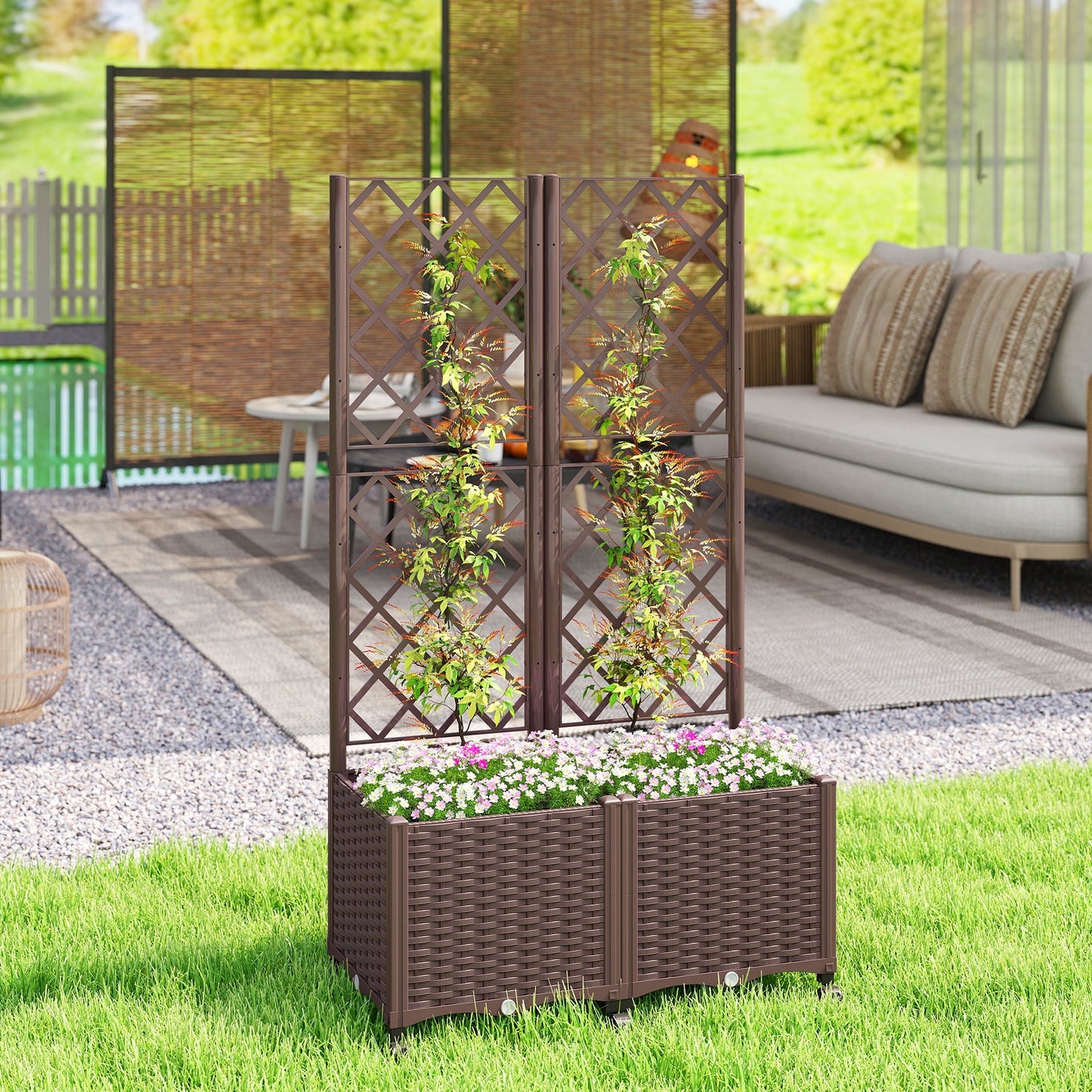 Self Watering Raised Garden Bed with Trellis and Lockable Wheels Brown 510x610mm