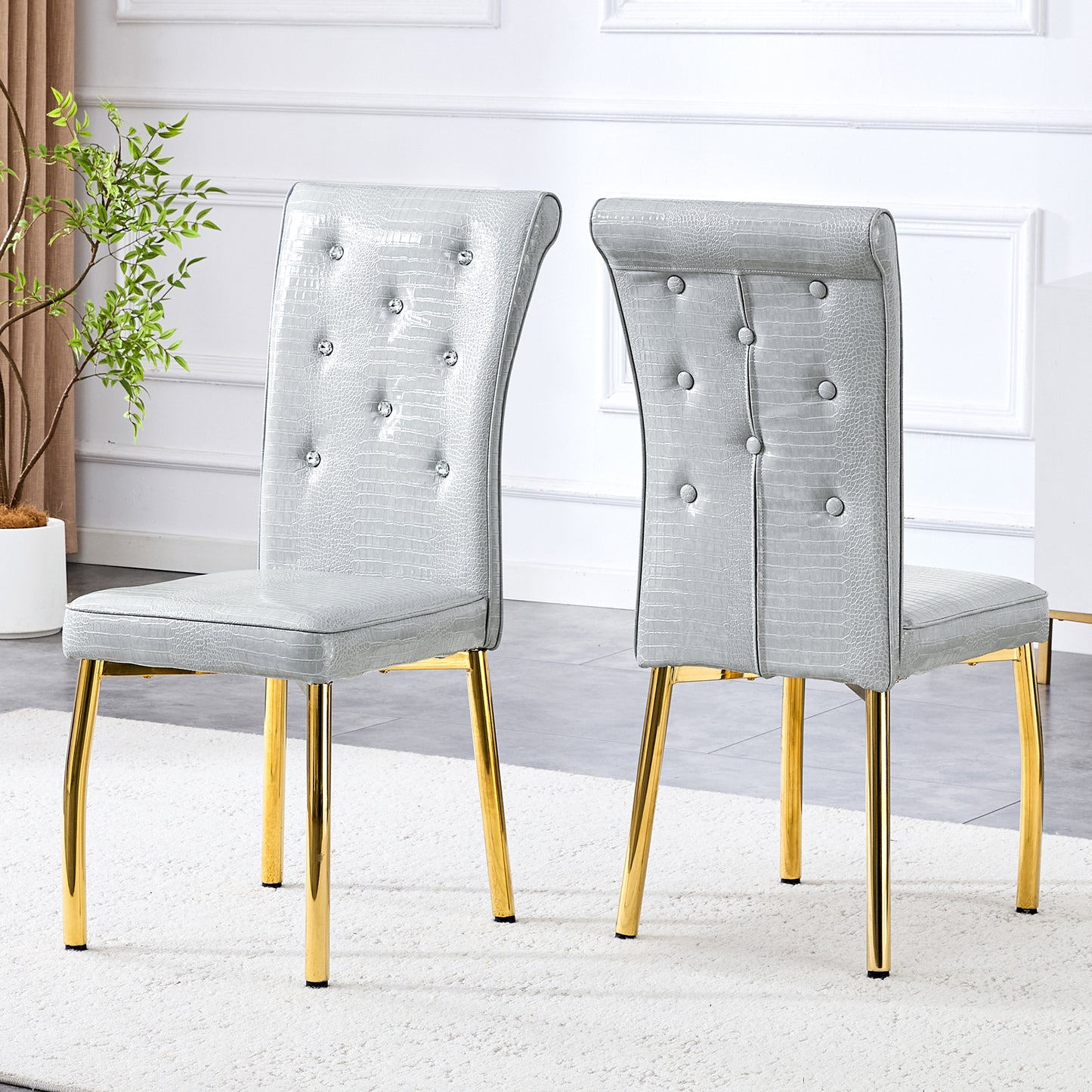 Set of 2 Gray and Gold Vintage Cushioned Dining Chairs