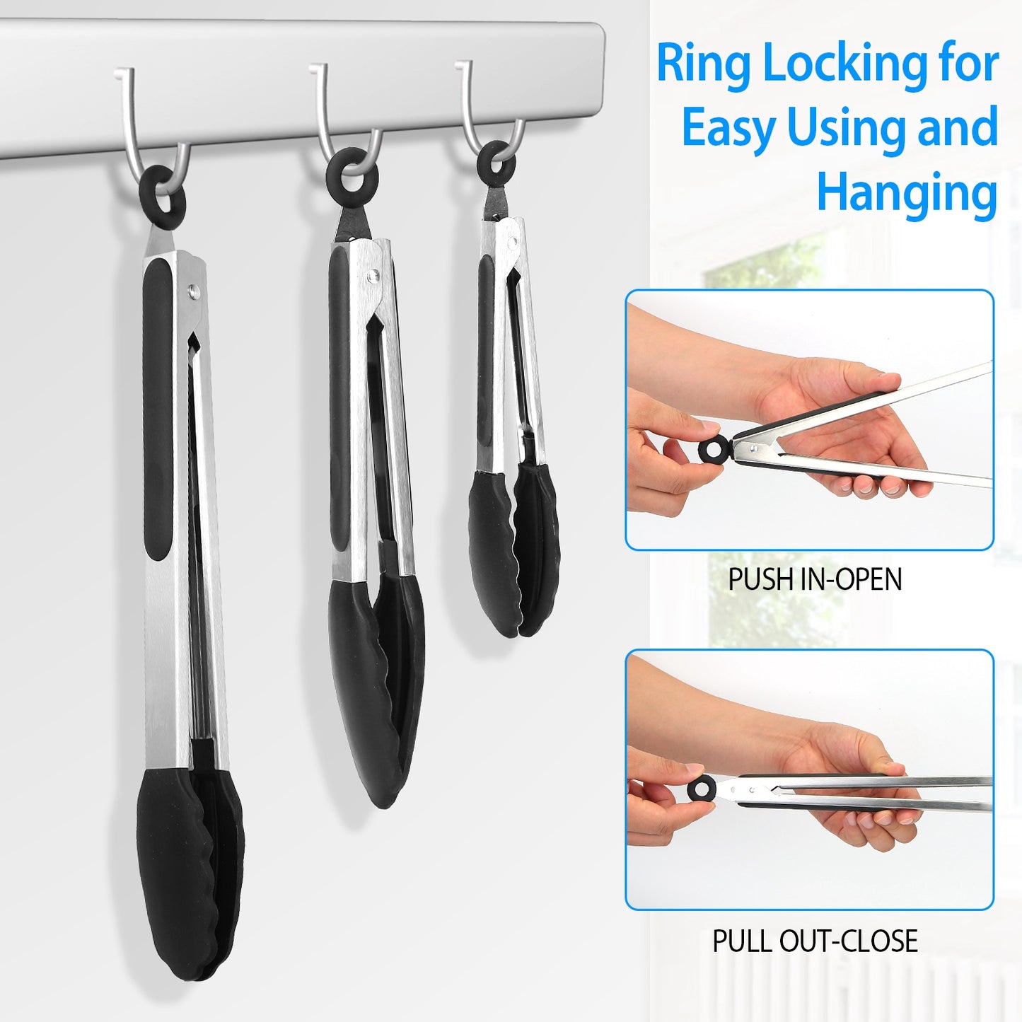 Stainless Steel Locking Tongs Set with Silicone Tips - 3 Pcs
