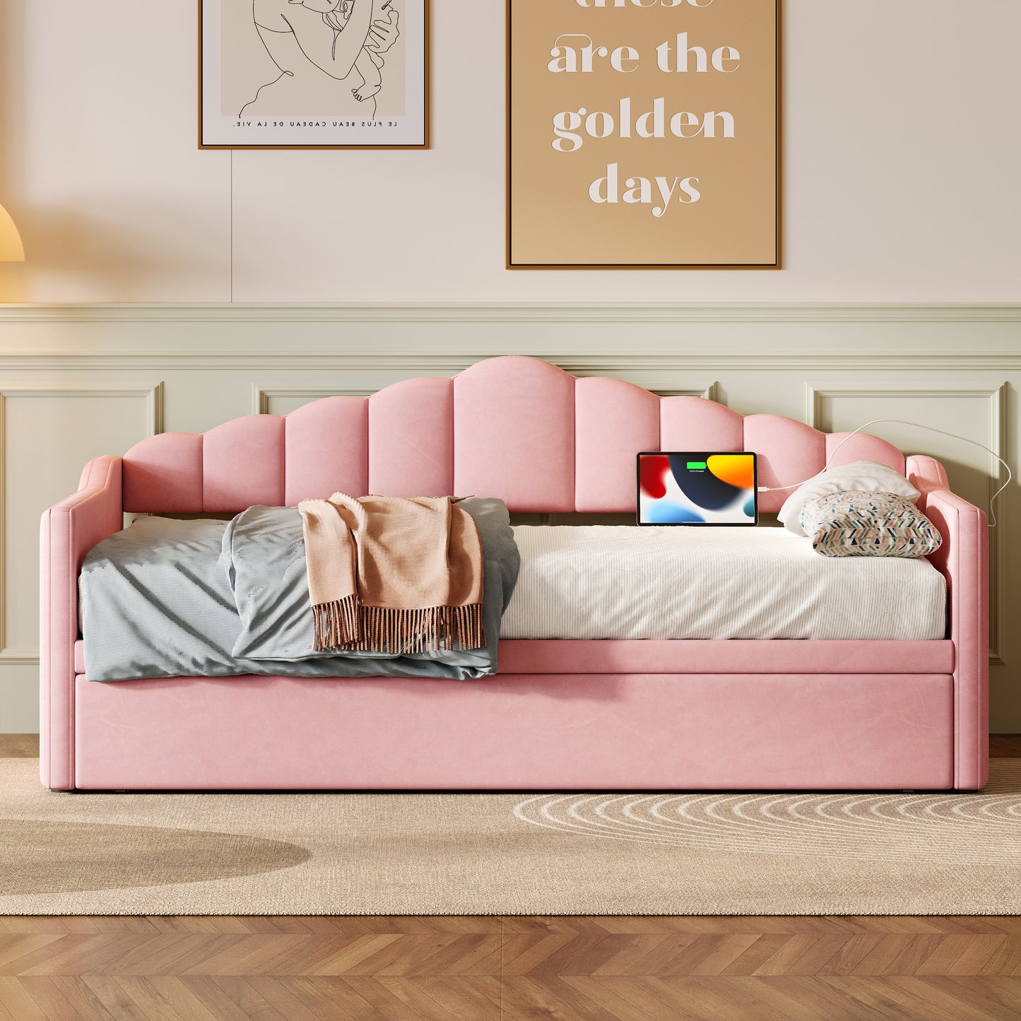 Upholstered Twin Size Daybed With Adjustable Height Pop Up Trundle