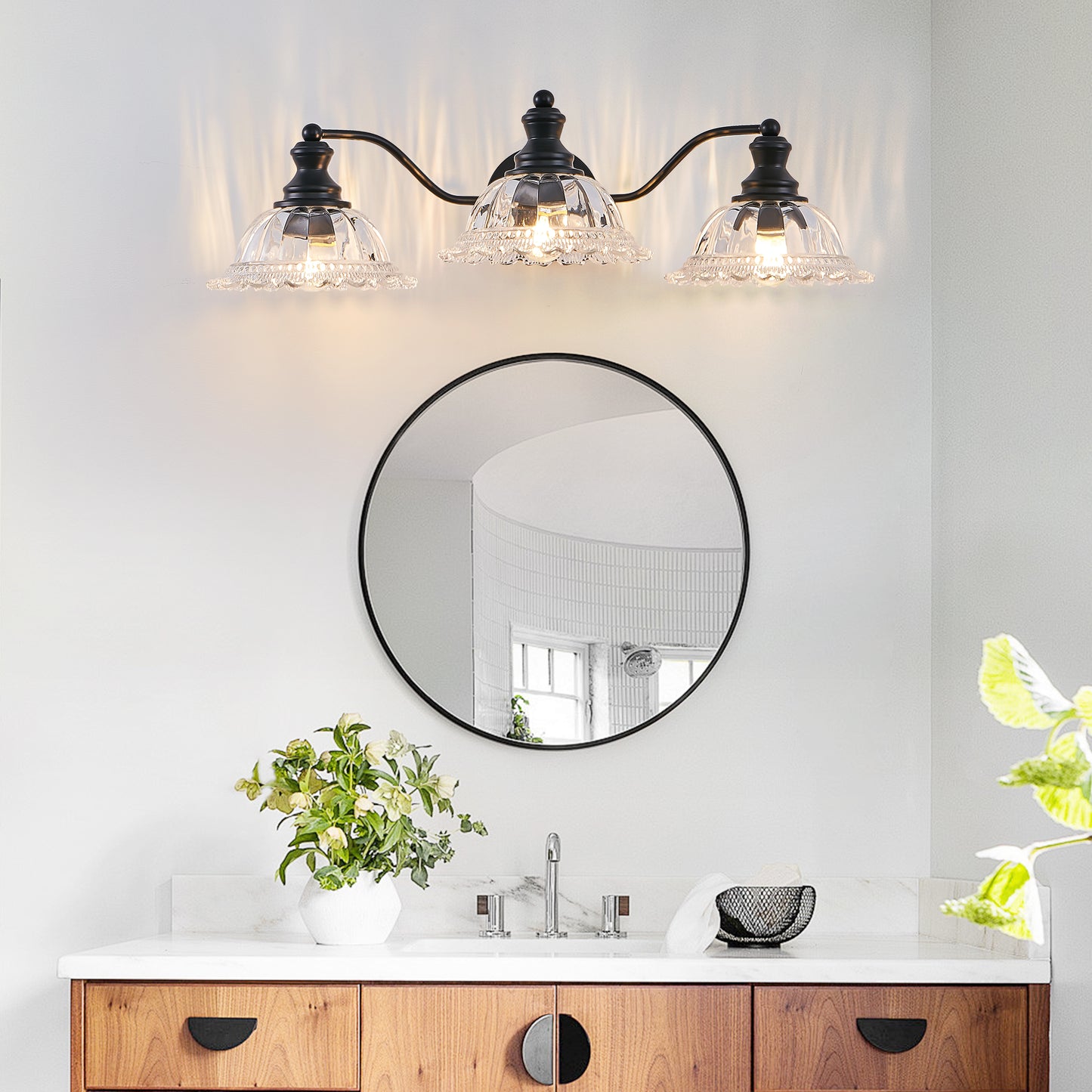24 Inch 3-Light Vintage Bathroom Wall Sconce Black Metal Glass Vanity Light Fixture
