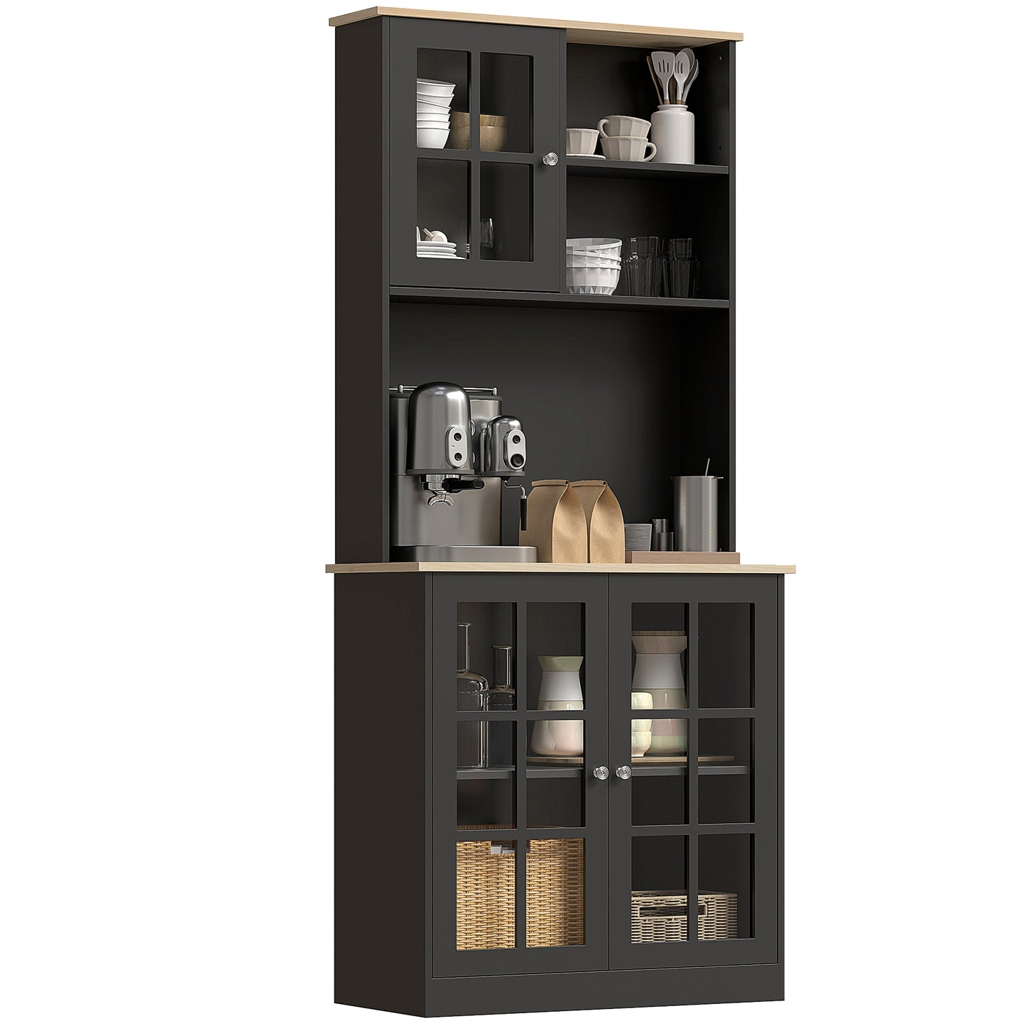 Kitchen Pantry Storage Cabinet, 72" Freestanding Cabinet with Hutch,