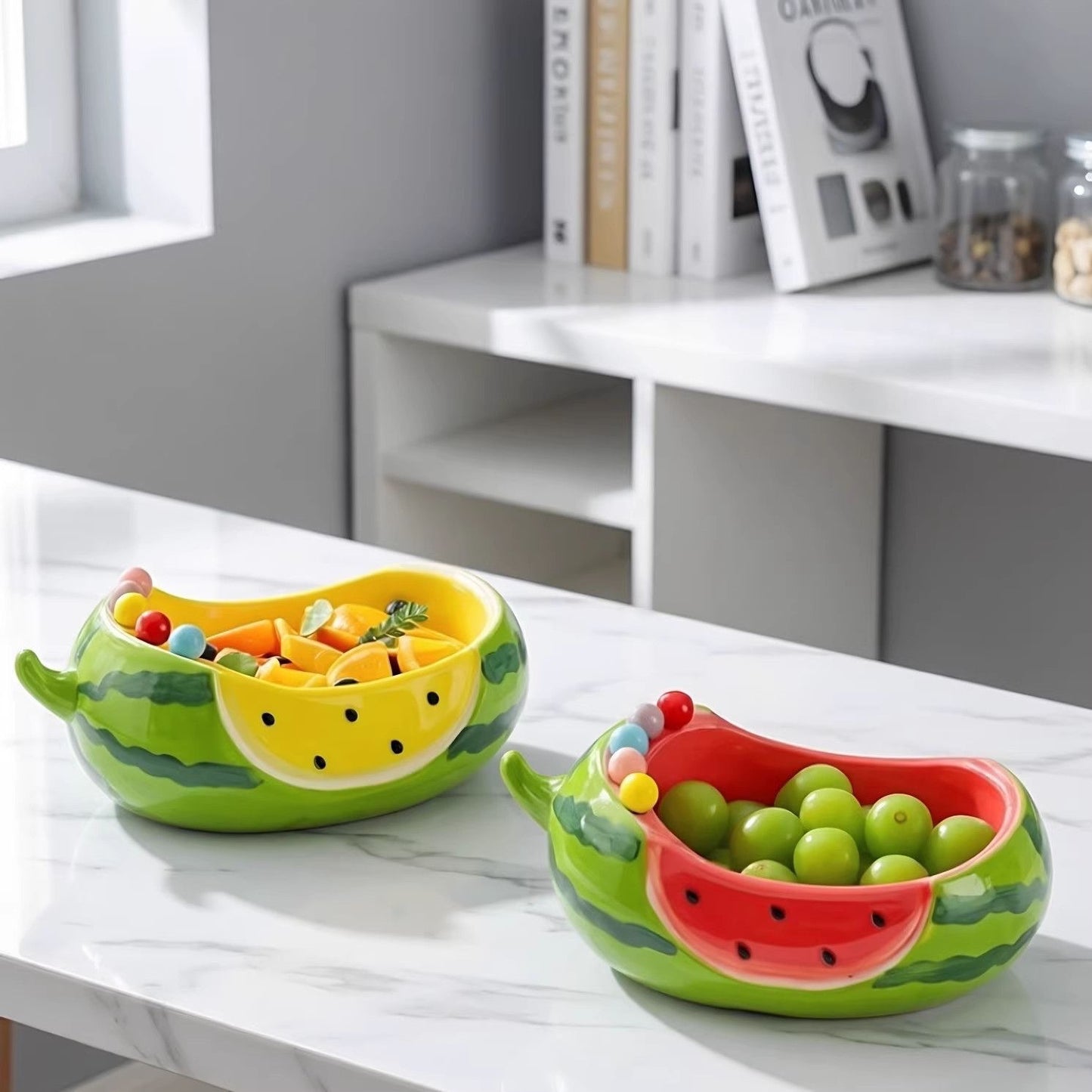 Watermelon-Shaped Ceramic Fruit Plate for Living Room Coffee Table - Multiple Colors