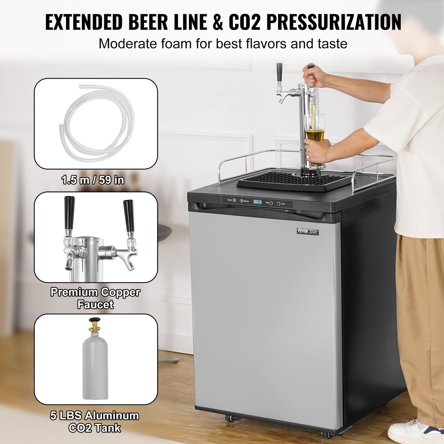 Full Size Dual Tap Beer Kegerator Dispenser with Temperature Control - Black