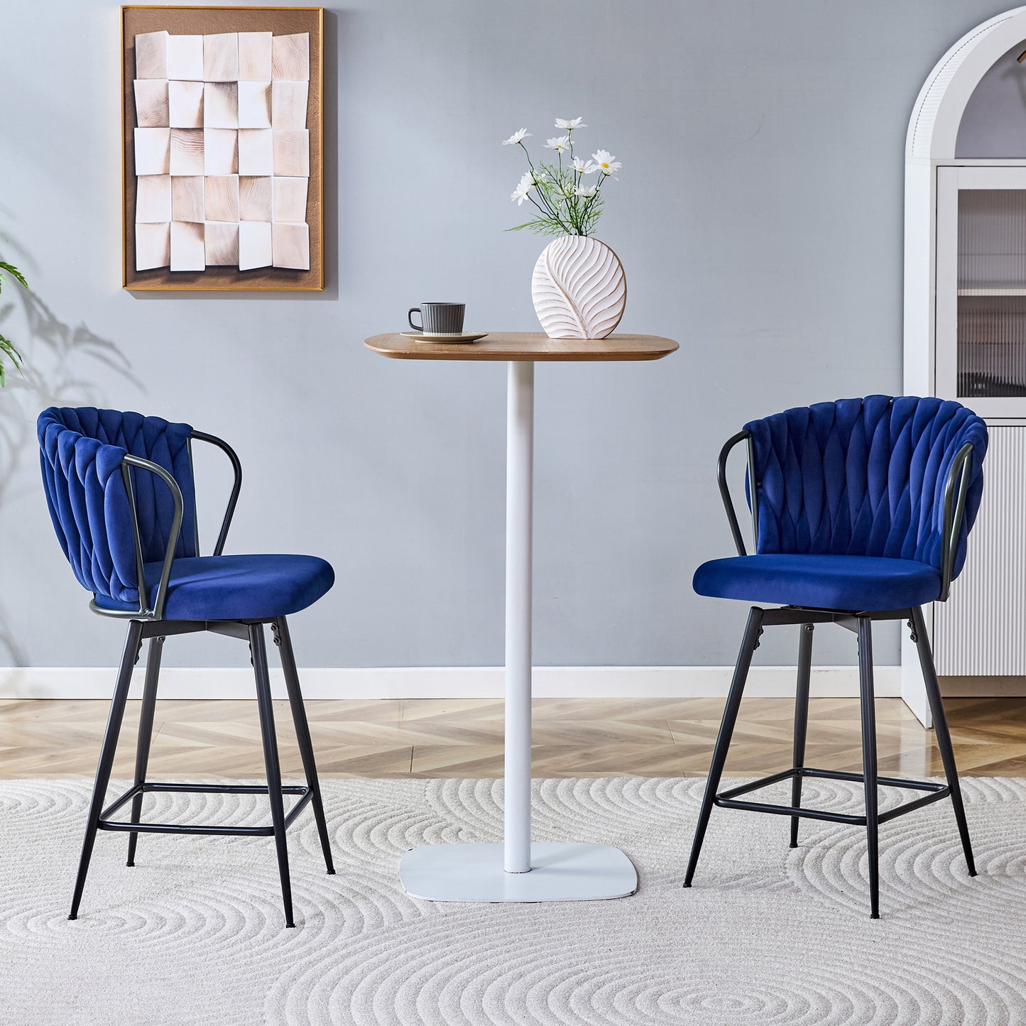 Set Of 2 Modern Velvet Braided Bar Stool With Metal Frame,