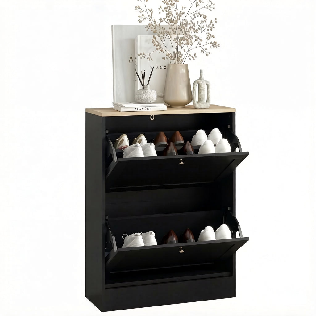 Narrow Shoe Cabinet with Adjustable Shelves - Black & Light Oak