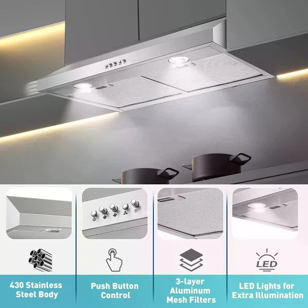 30 Inch Stainless Steel Under Cabinet Range Hood 500 CFM 3-Speed Kitchen Appliance