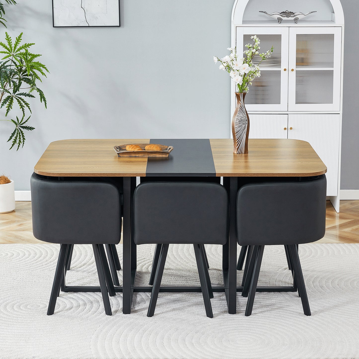 7-Piece Dining Table Set for 6 - Black PU Upholstered Chairs