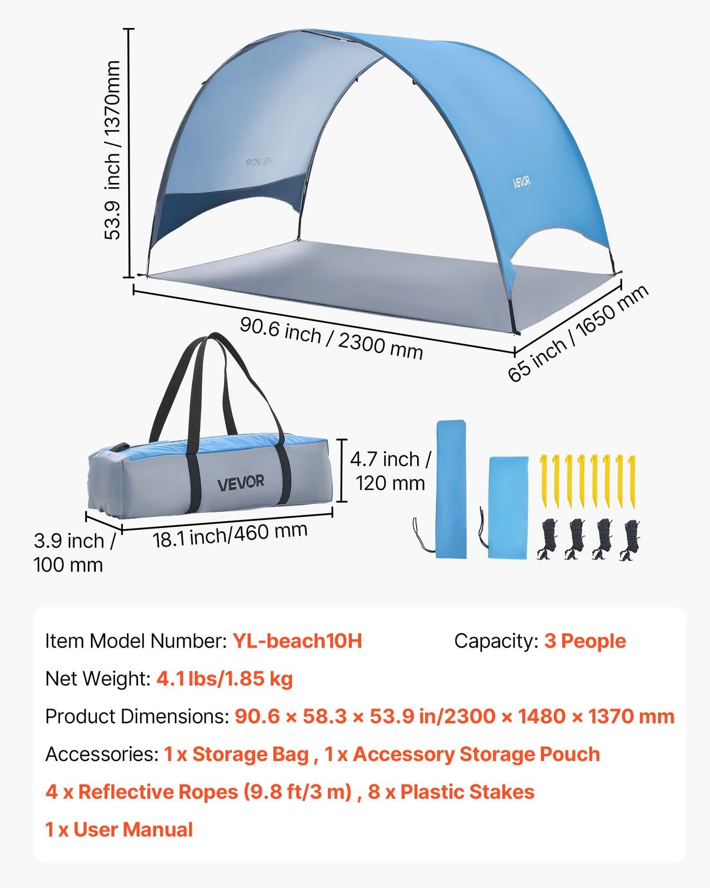 Portable 3-Person Beach Tent Sun Shelter with UPF 50+ Protection and Ground Stakes - Lightweight, Easy Setup, Windproof Canopy