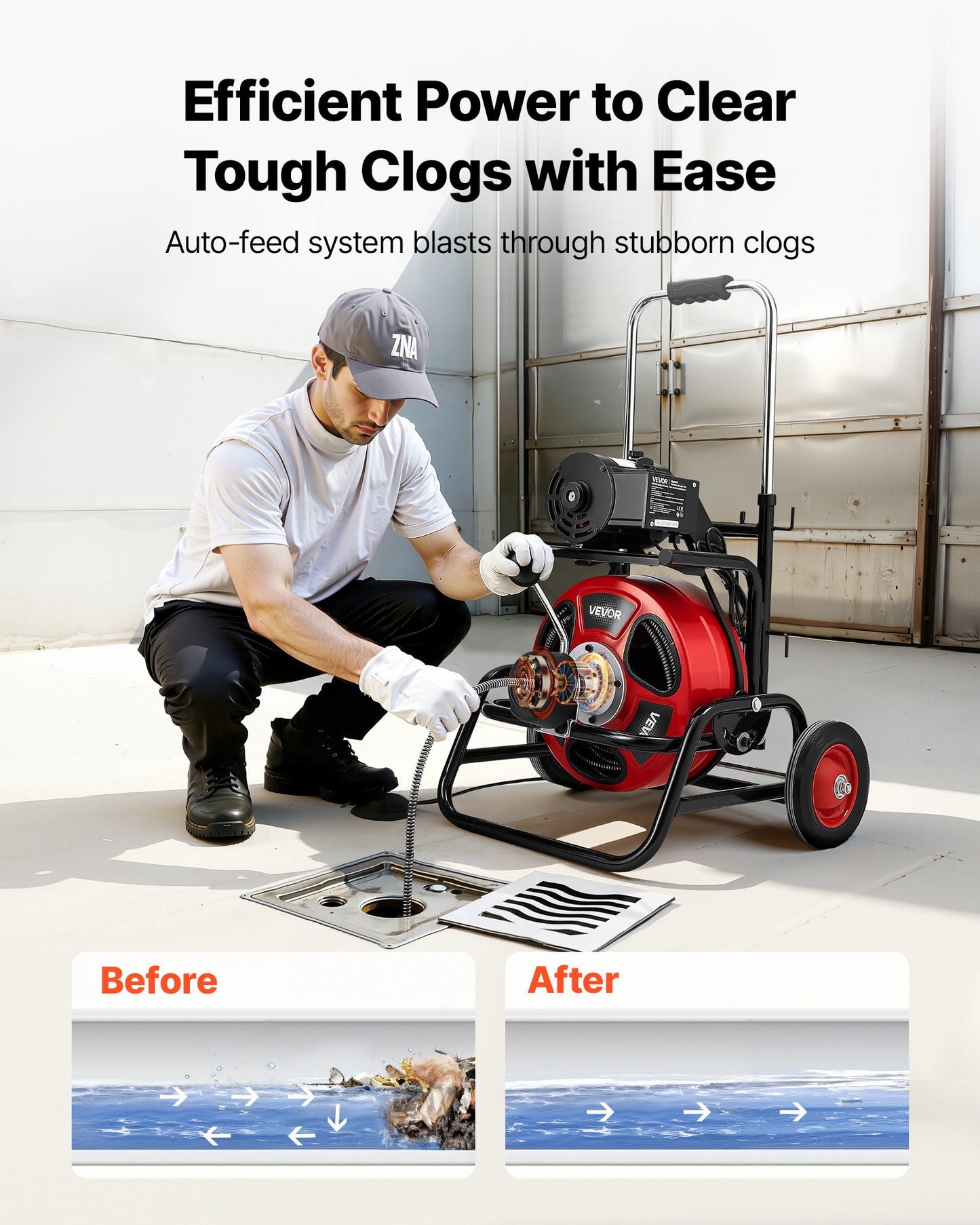 Drain Cleaner Machine 100FT Auto Feed Sewer Snake for 2-6 Inch Pipes - Portable with Climbing Wheels