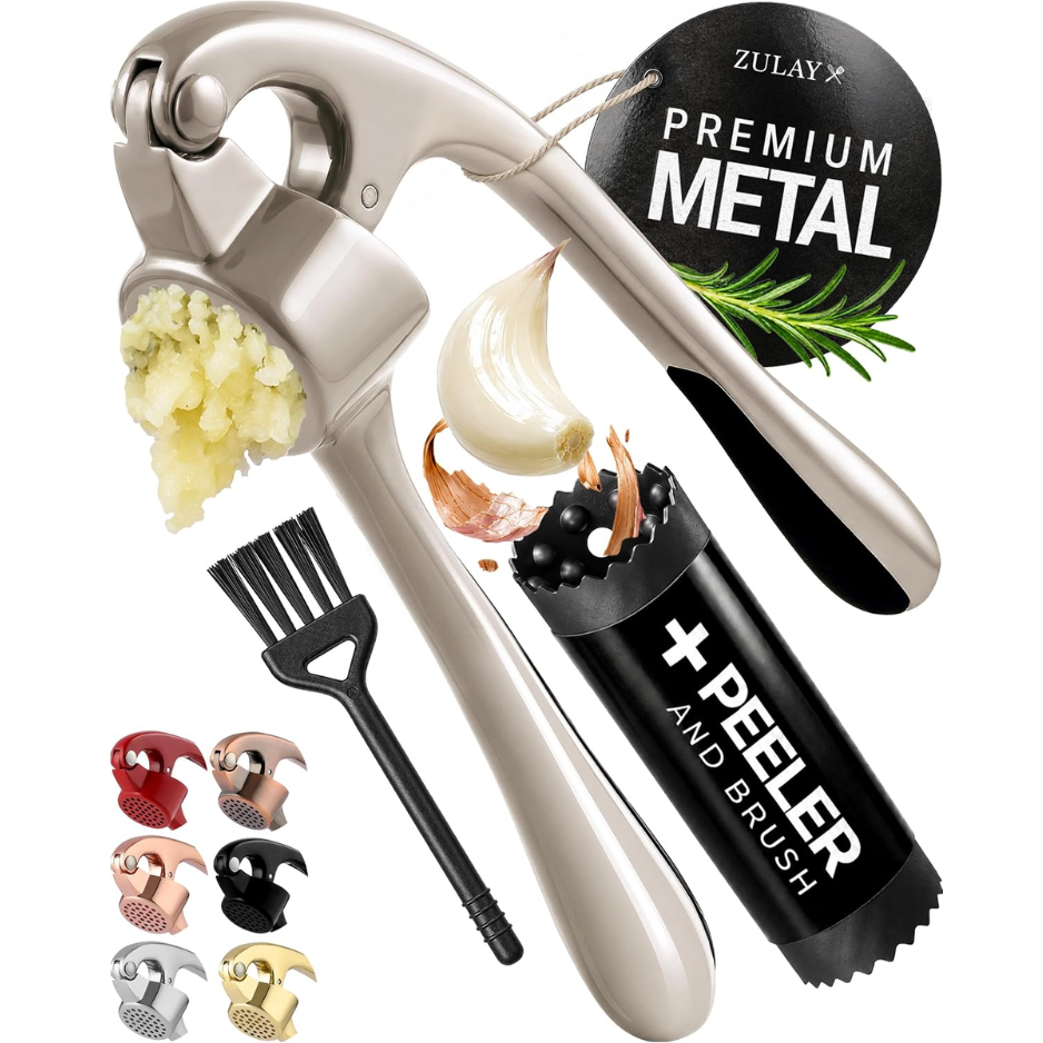 Premium Garlic Press Set - Easy-Squeeze Mincer with Peeler & Brush