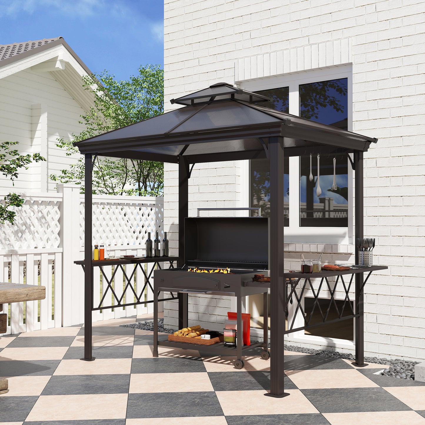 BBQ Canopy with Double Venting Roof & 6 Hooks - Coffee