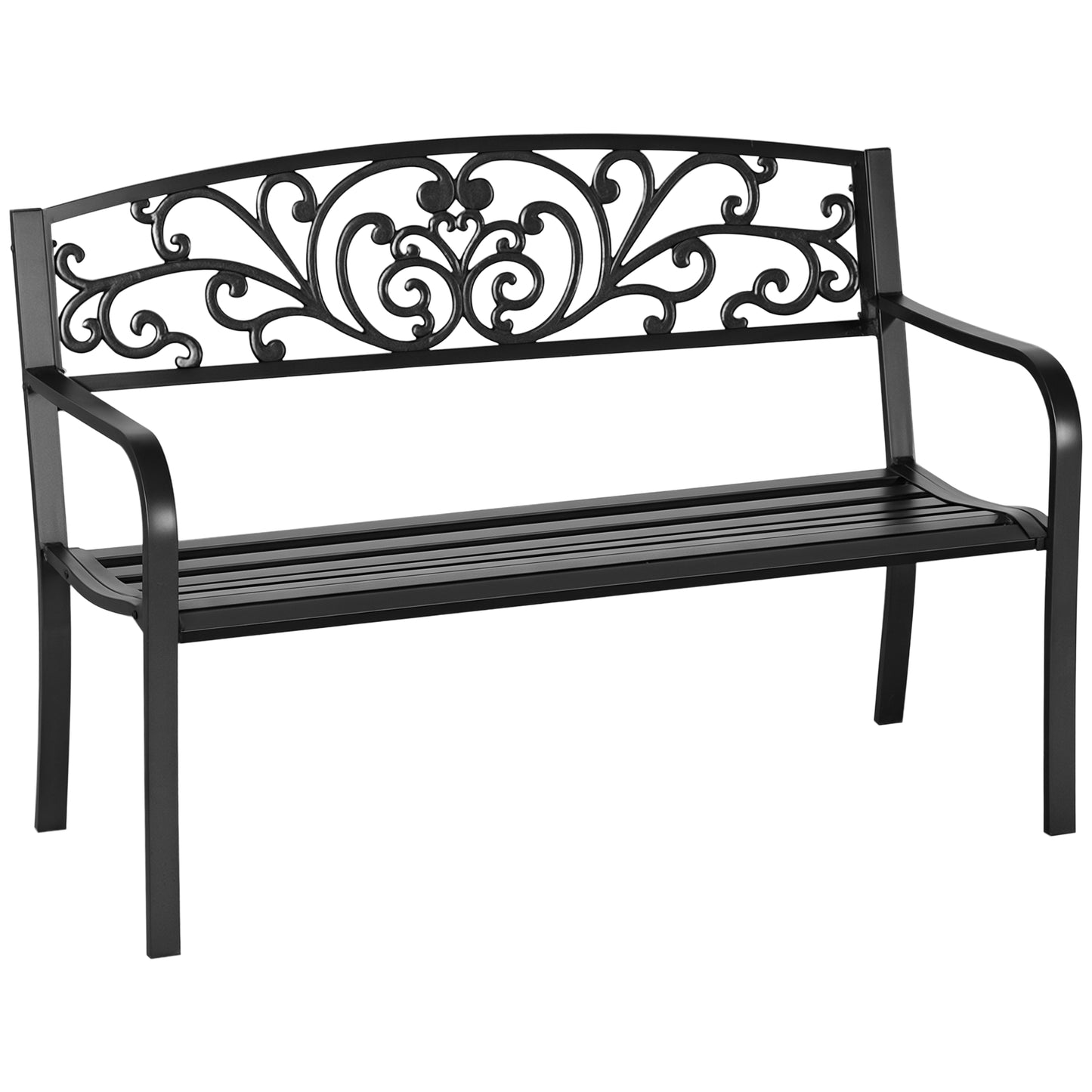 50" Floral Design Garden Patio Bench - Comfortable Black Steel