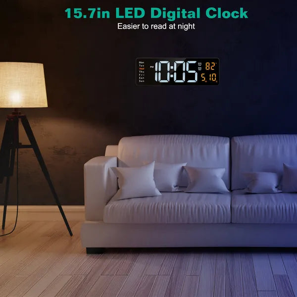 15.7in LED Digital Wall Clock with Remote Control - Black