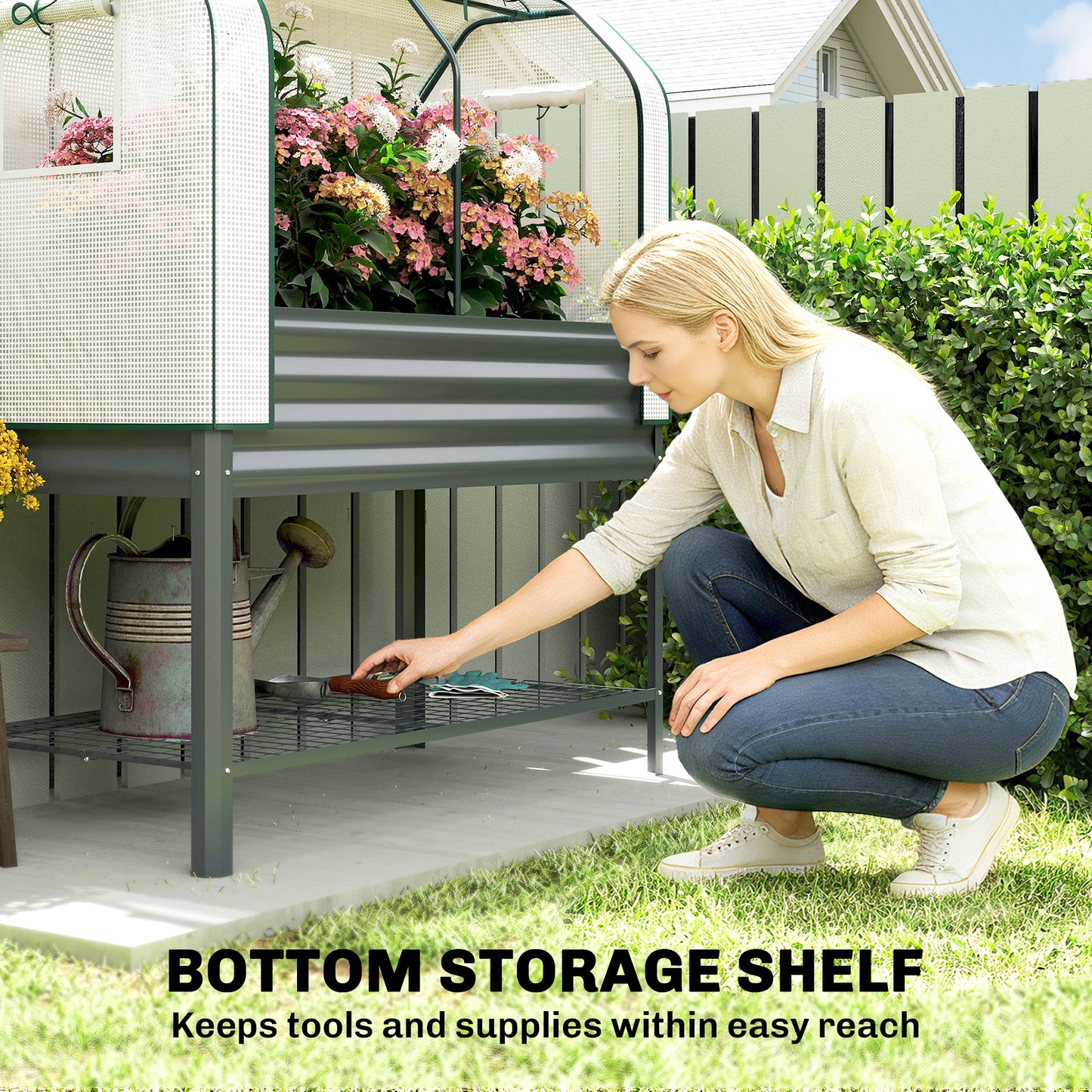 Galvanised Raised Garden Bed with Greenhouse Cover - Metal Elevated Planting Box, Dark Gray 1330x370x120mm