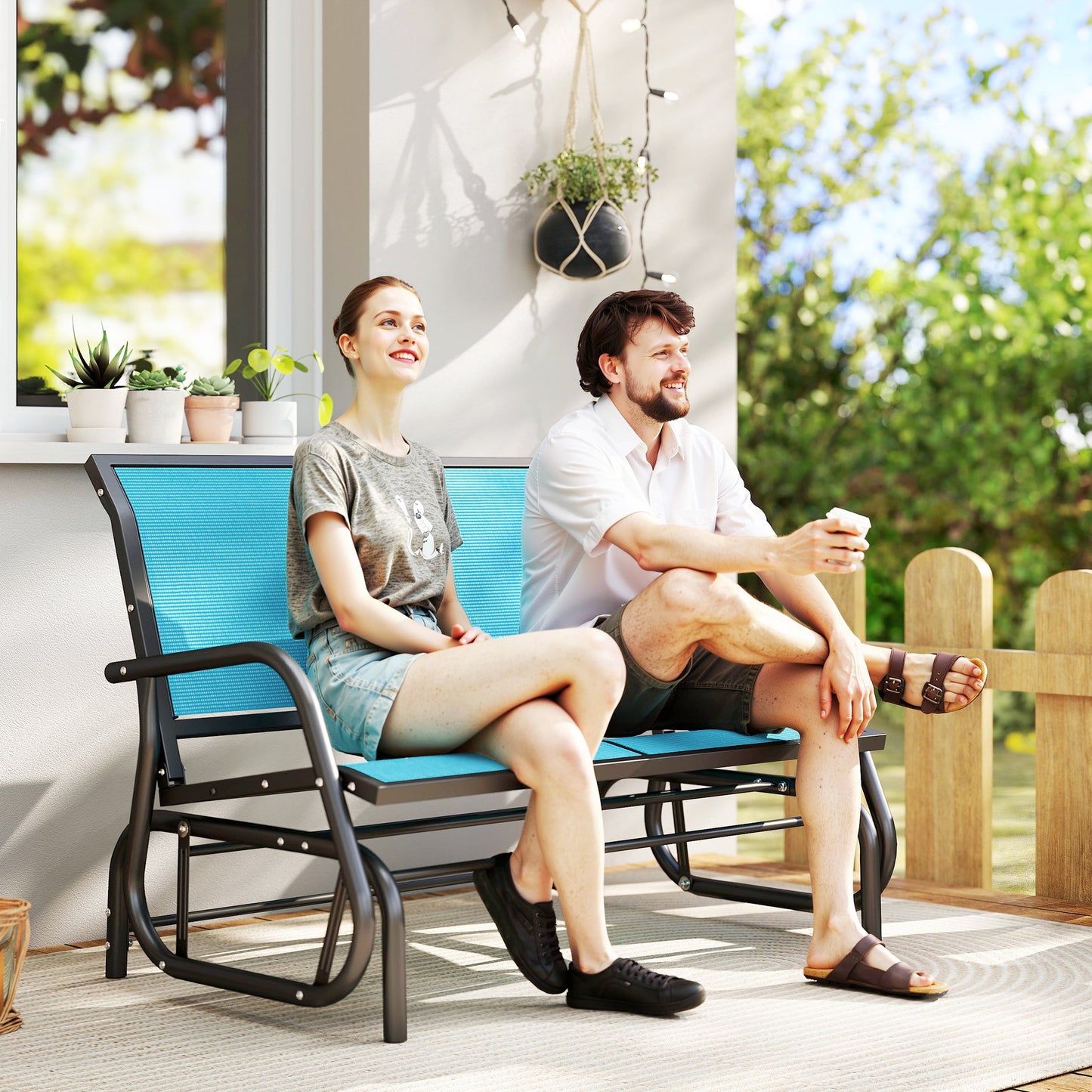 Outdoor Double Glider Bench - Patio Swing Rocking Chair - Blue