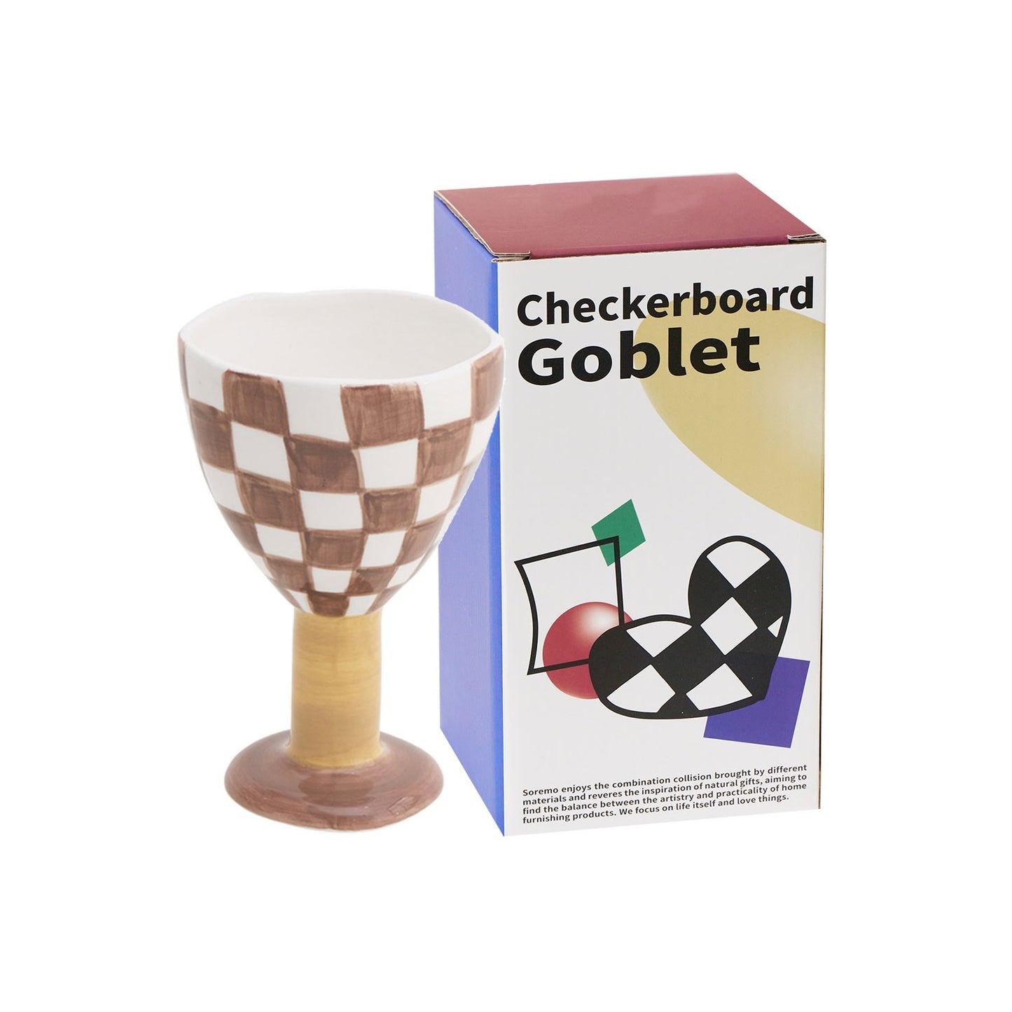 Tall Checkerboard Grid Ceramic Wine Glass with Handle - 301-400mL