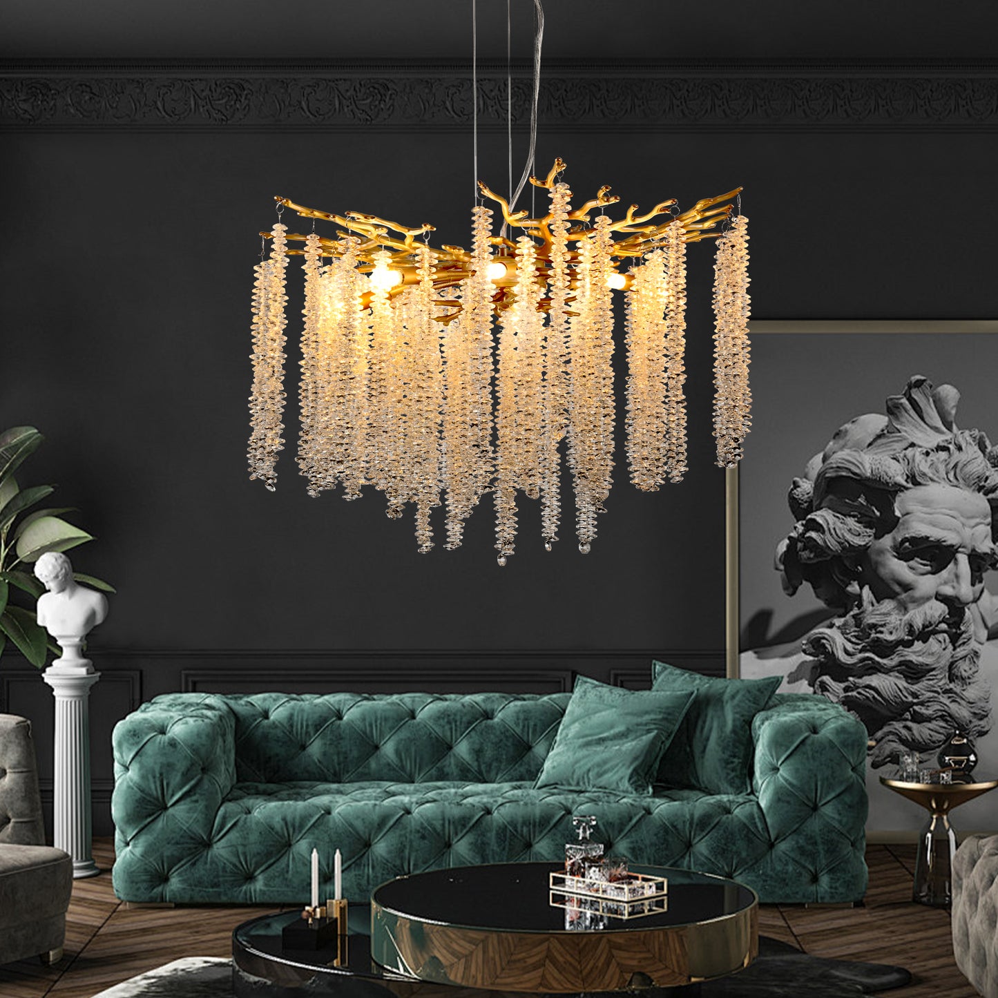 24-Inch Modern Golden Pendant Light with Cascading Crystal Strands for Living & Dining Rooms