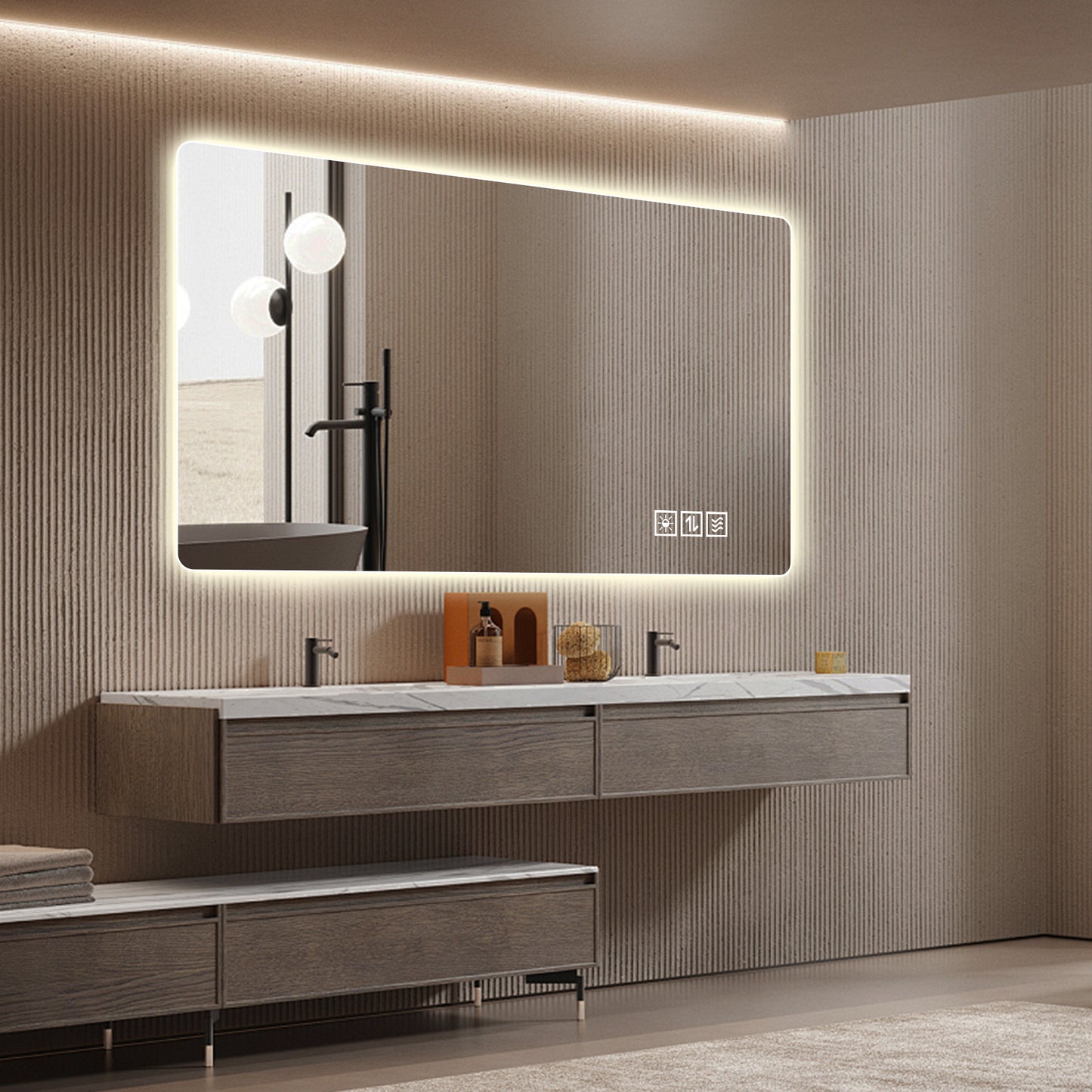 Wall Mounted LED Bathroom Mirror - 24x48 Inches, Anti-Fog, Touch Control, Three Color Lighting - Silver