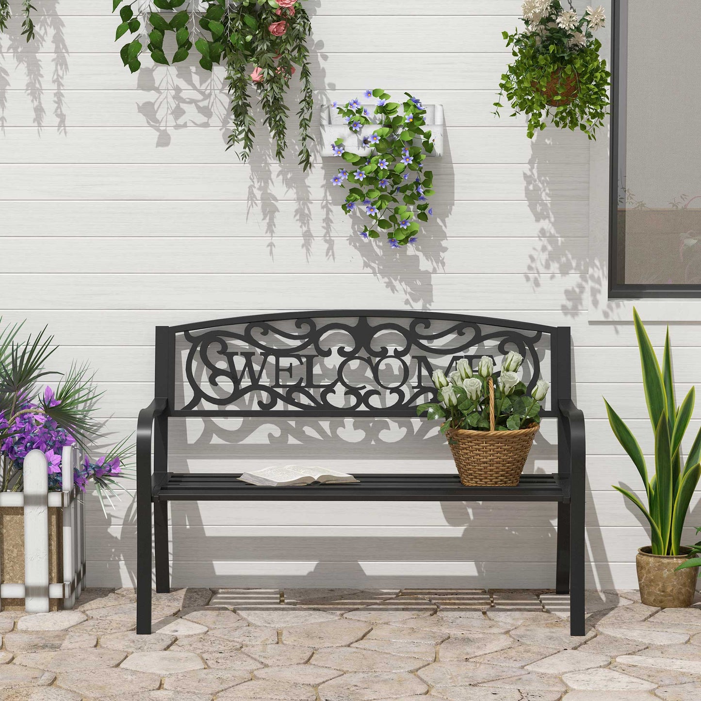 50" Outdoor Garden Bench Loveseat with Decorative Vines - Black