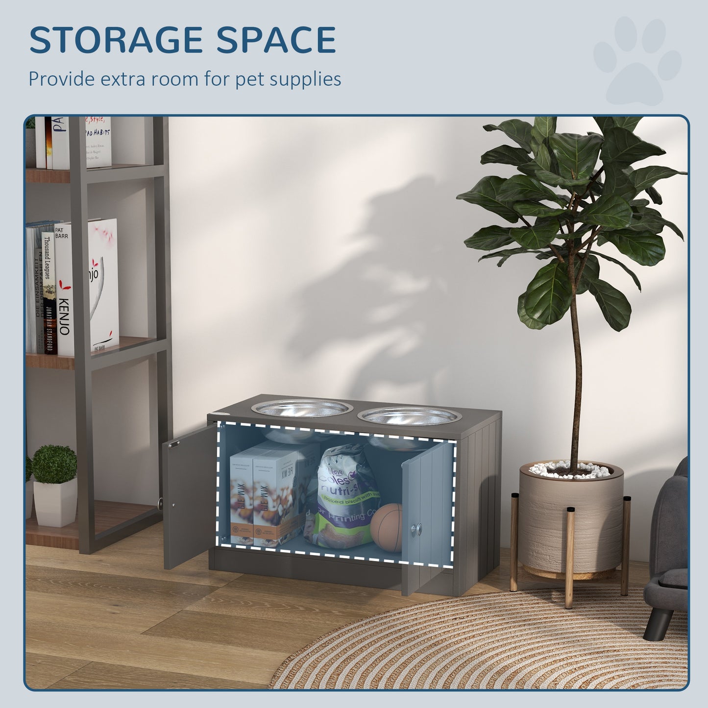 Elevated Dog Feeder with Storage Cabinet - Large 44L Capacity, Gray