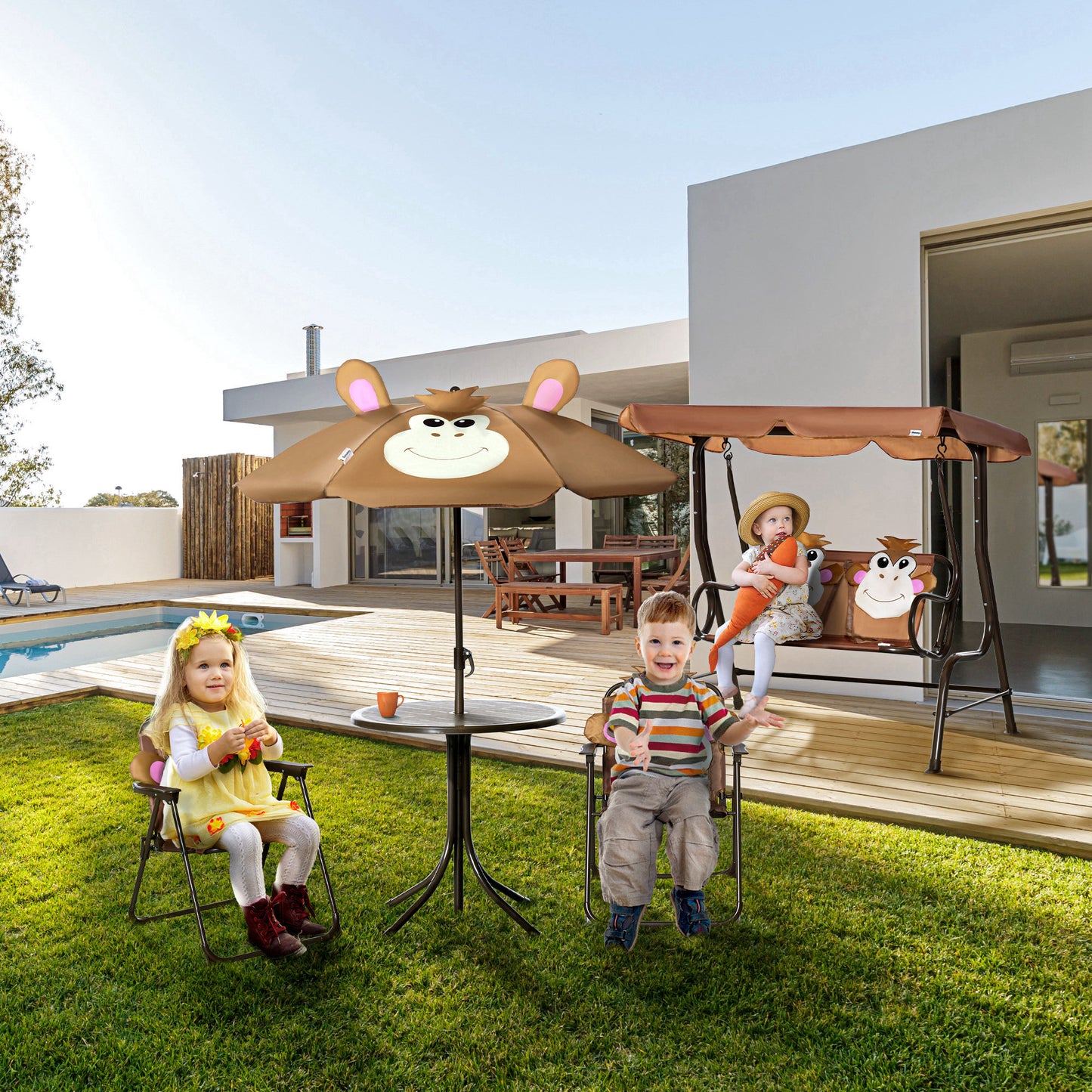 Kids Outdoor Table and Chair Set with Adjustable Umbrella - Brown
