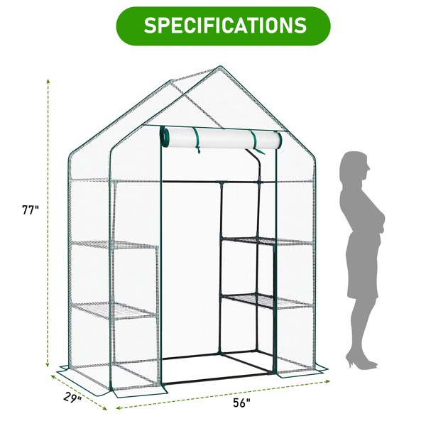 Mini Walk-In Greenhouse with PE Cover, 4-Shelf Indoor Outdoor Plant Garden for Patio Backyard, 56x29x77in, White