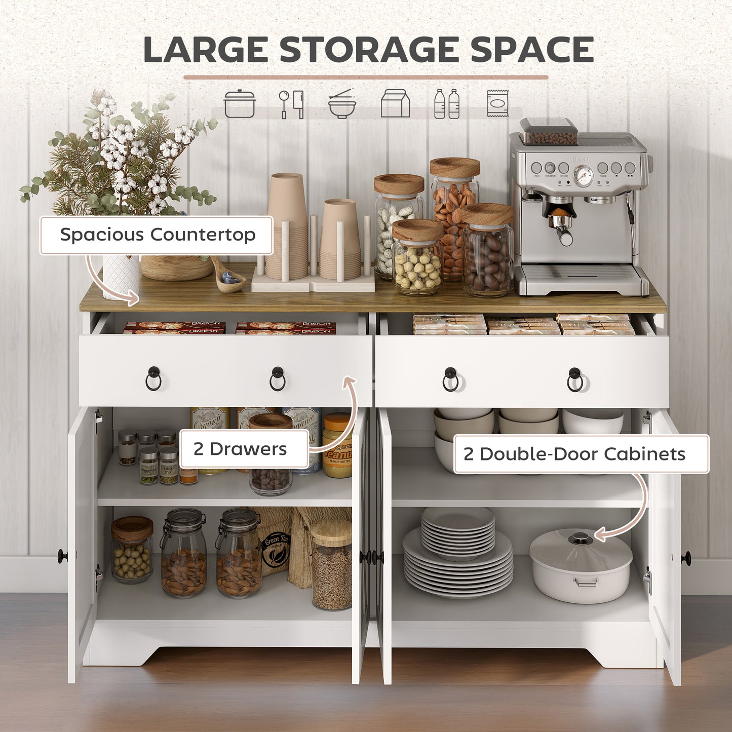 Farmhouse Kitchen Storage Sideboard with Barn Doors - White