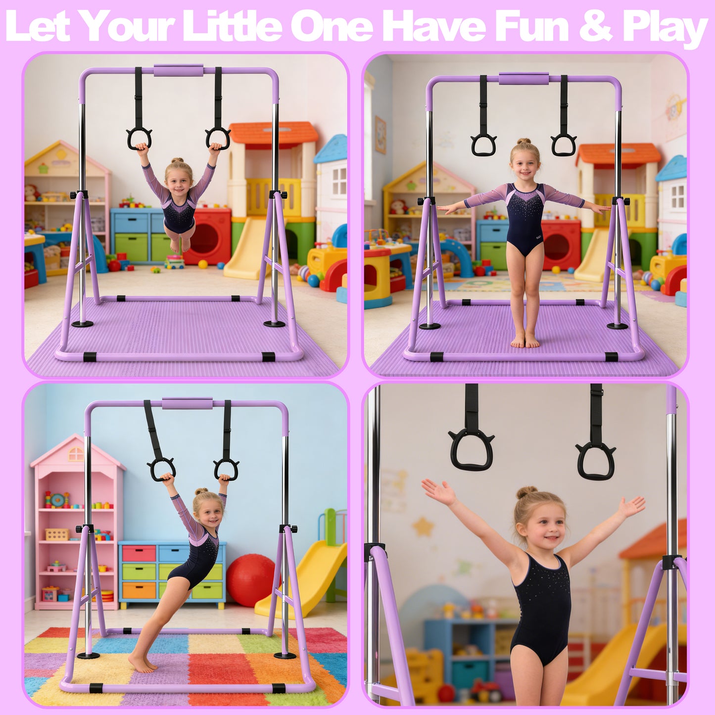 Adjustable Height Gymnastics Bar for Kids - Purple Training Bar with Mat