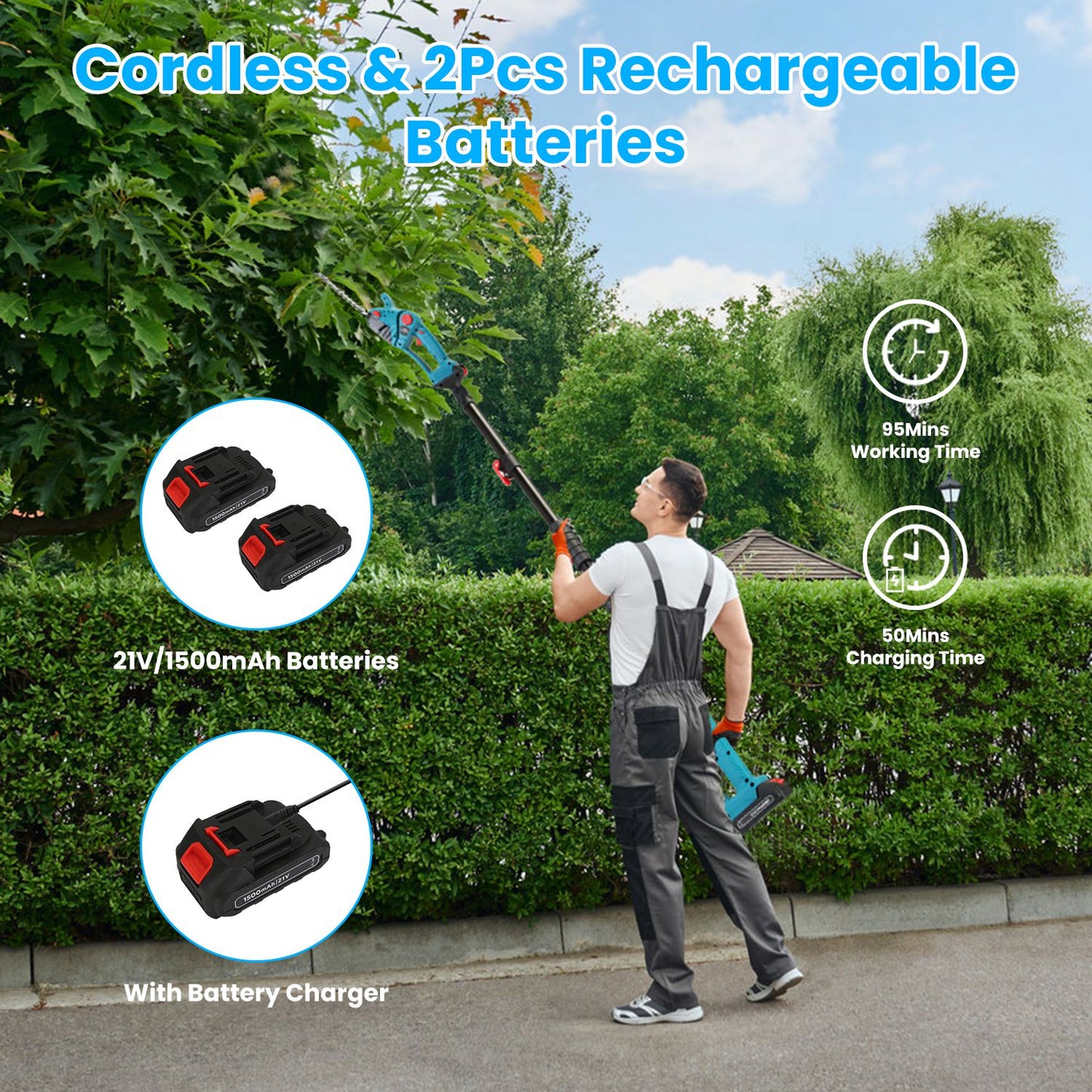 Cordless Multi-Function Hedge Trimmer with Telescopic Pole & Batteries - Blue