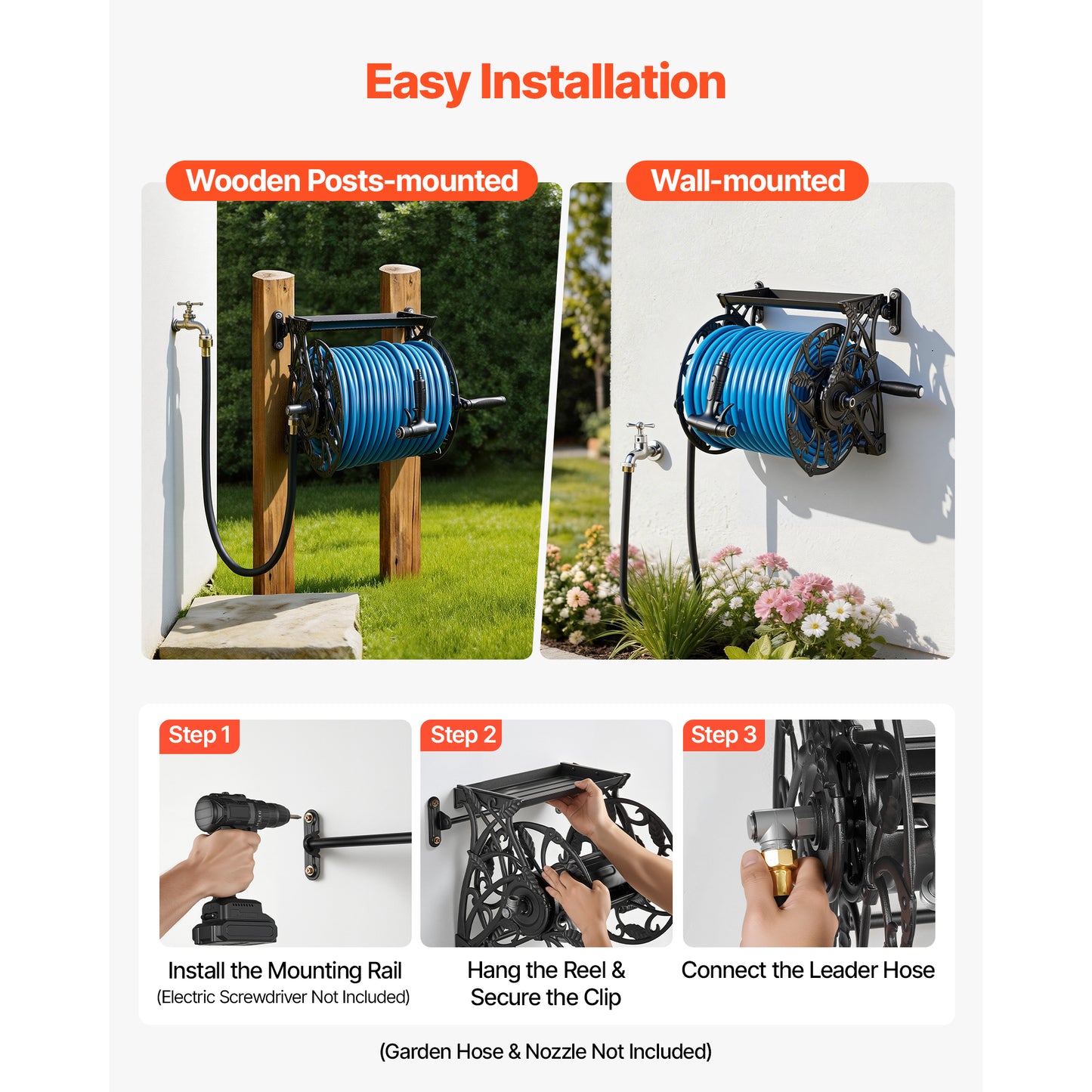 Wall Mounted Garden Hose Reel Holds 135 Feet 5/8 Inch Hose Heavy Duty Water Hose Organizer with Widened Tray