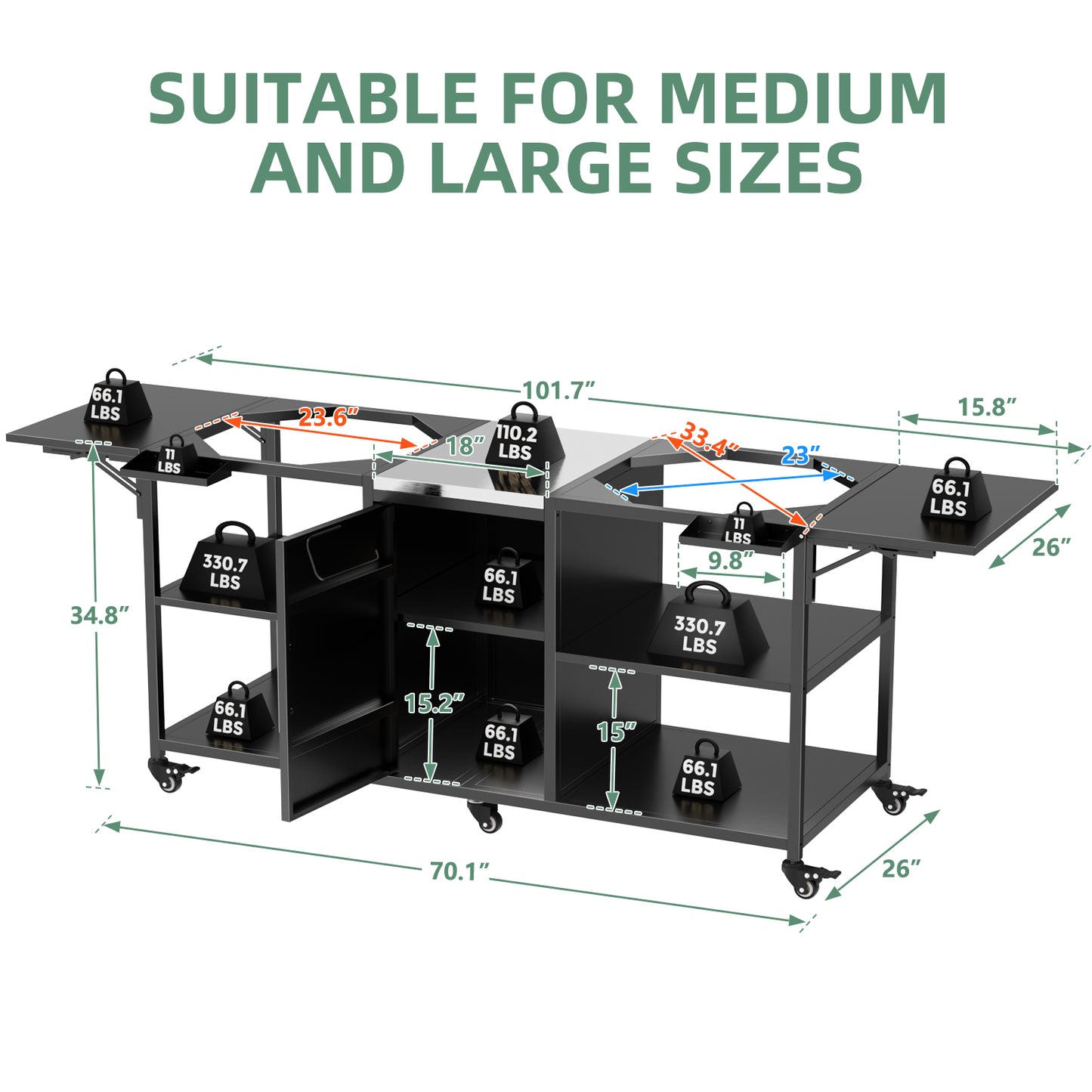 Outdoor Grill Cart for Two Big Green Egg & Kamado Joe 18 Inch - Metal Stainless Steel Table with Storage