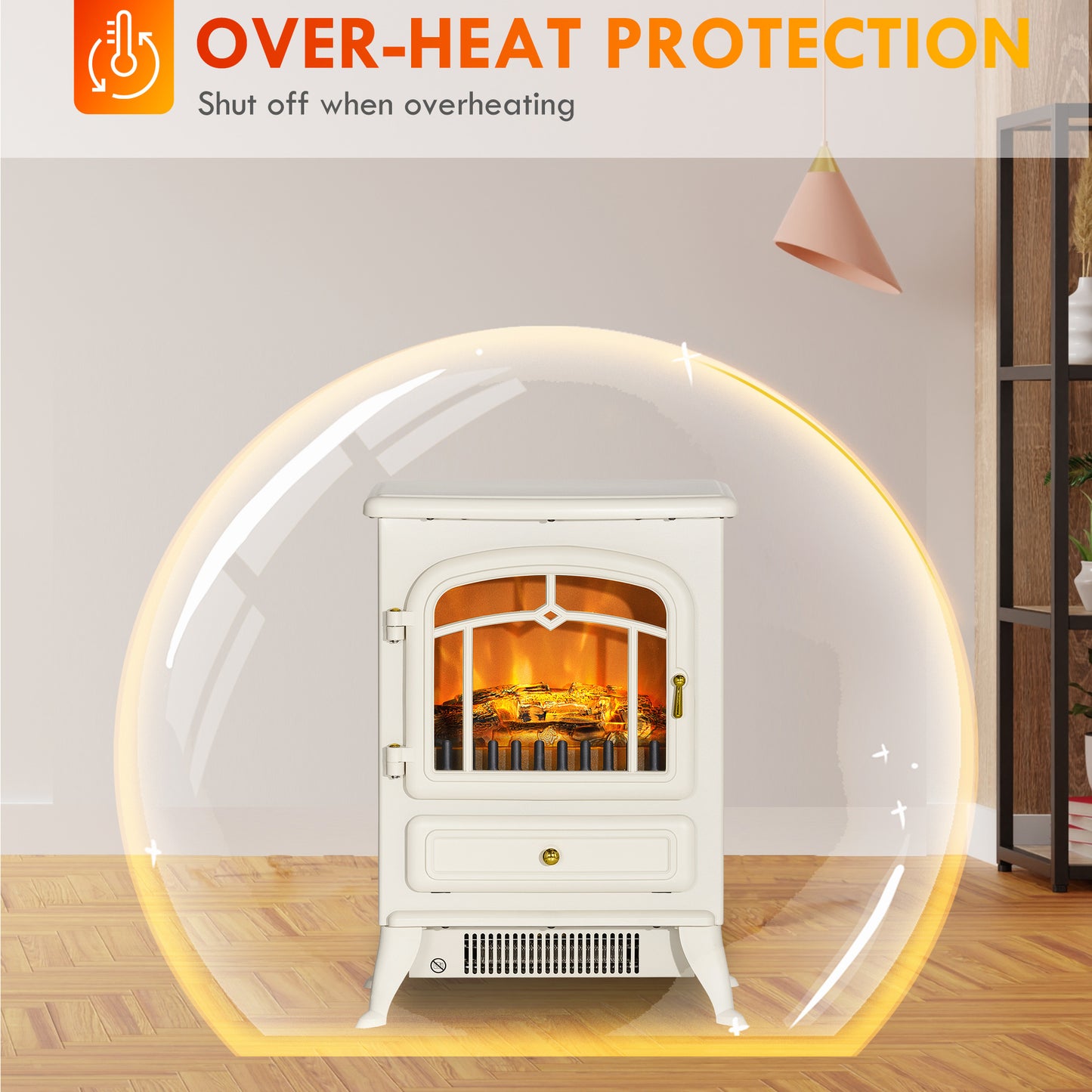 Electric Fireplace Heater with Realistic LED Flames - 725W/1450W, Beige