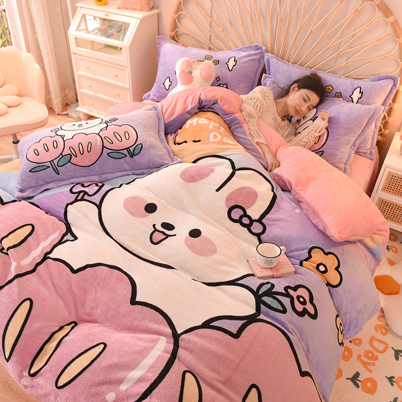 Cartoon Milk Velvet Bed Set of Four - Kids Bedding with Cartoon Pattern