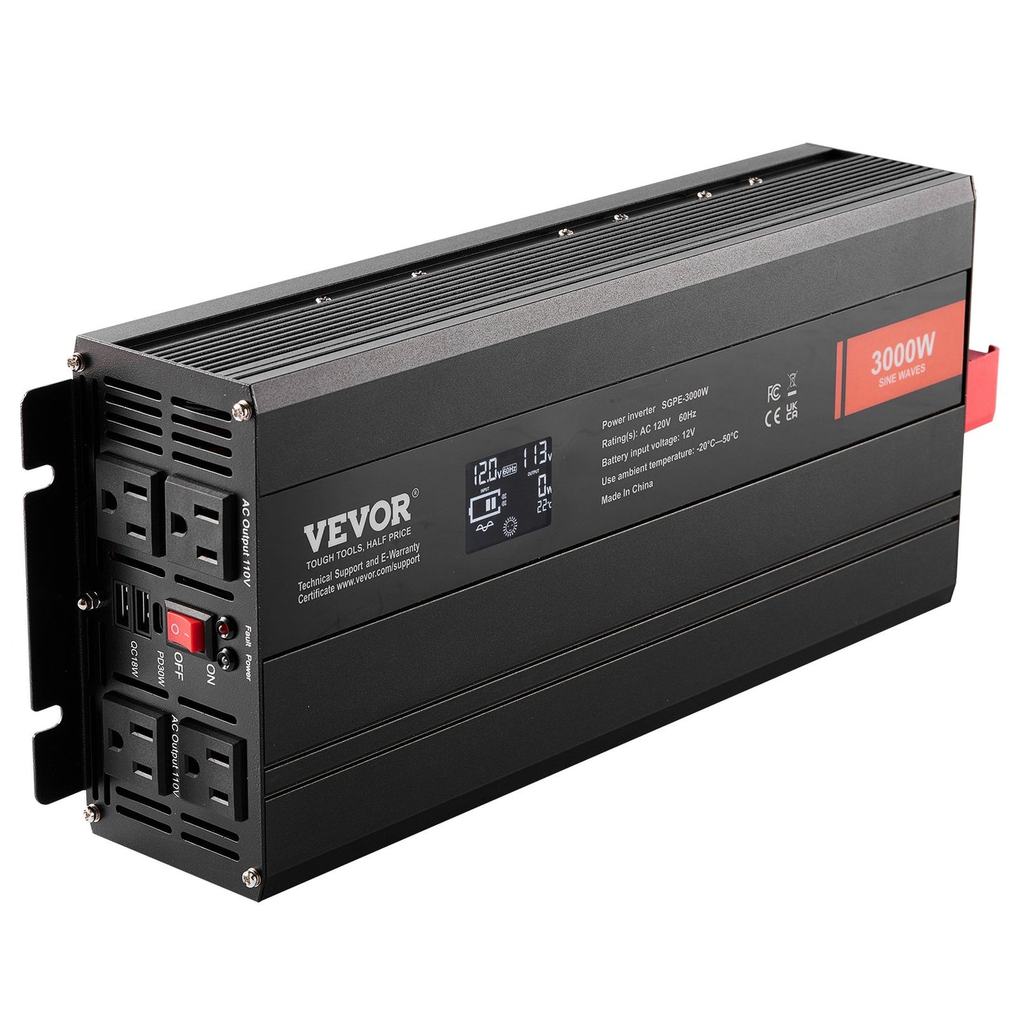 3000W Pure Sine Wave Power Inverter DC 12V to AC 120V with Dual Outlets and USB-C