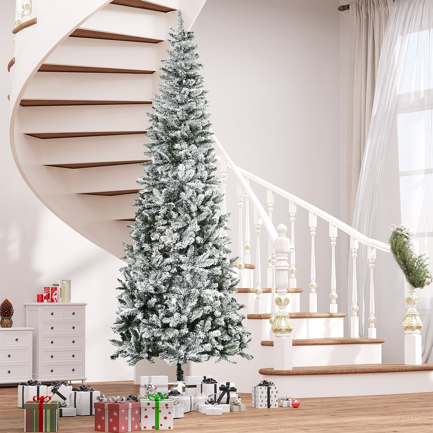 9ft Snow-Flocked Slim Pine Artificial Christmas Tree - Green