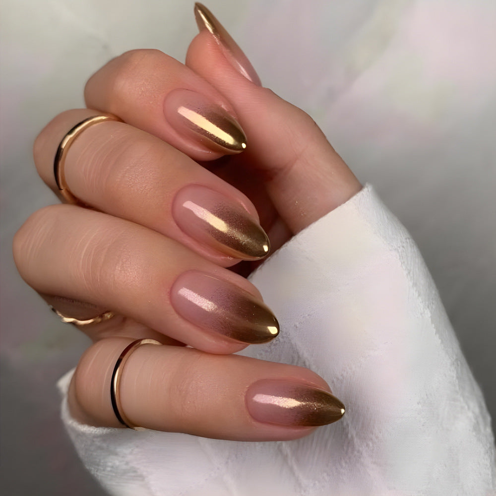24 Pcs Short Oval Gold Gradient Nail Stickers with Glue & Nail File - Nail Art Kit