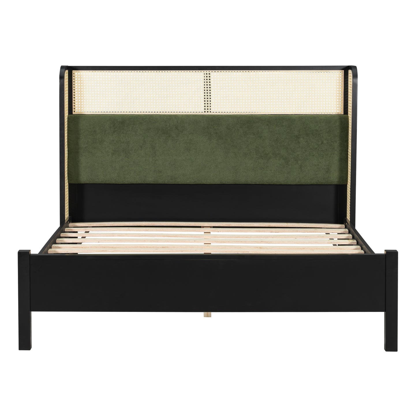 Queen Size Bed Frame with Green Headboard - Solid Wood, No Box Spring Required