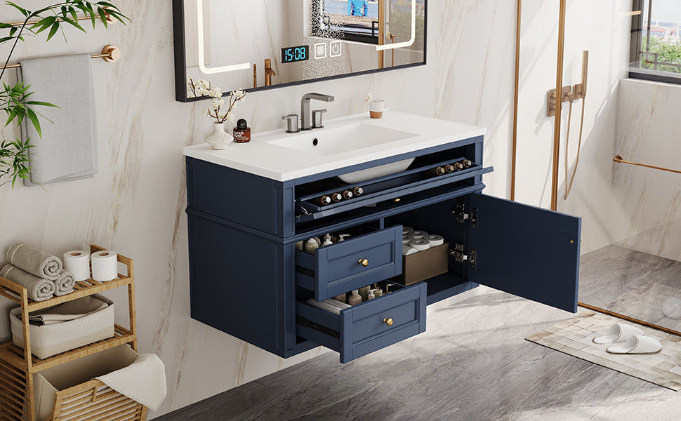 36-Inch Wall Mounted Bathroom Vanity with Ceramic Sink - Blue