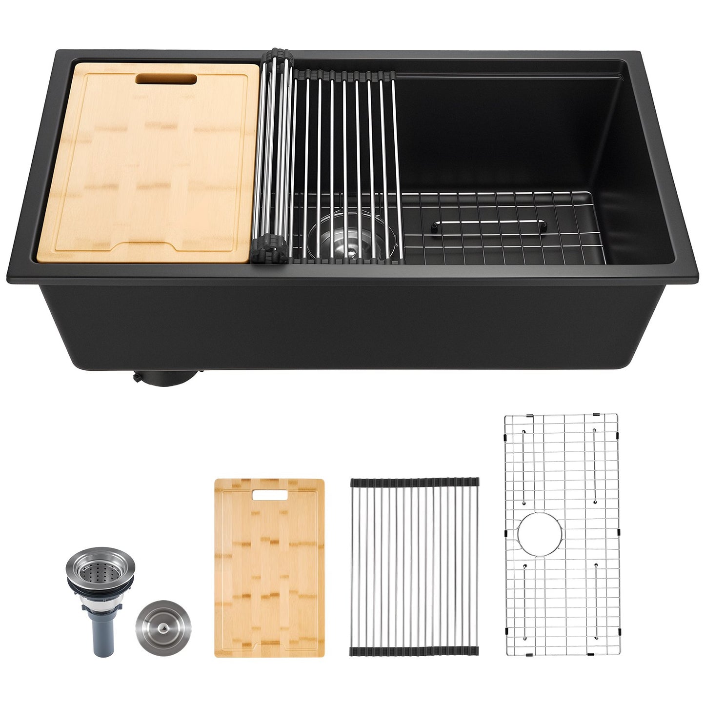 33 Inch Undermount Granite Kitchen Sink - Single Bowl Black