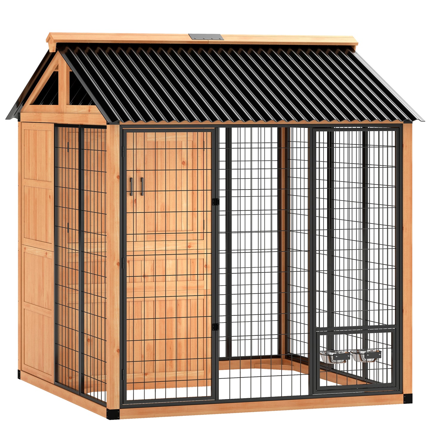 Large Outdoor Dog House with Storage Cabinet & Steel Bowls - Light Yellow