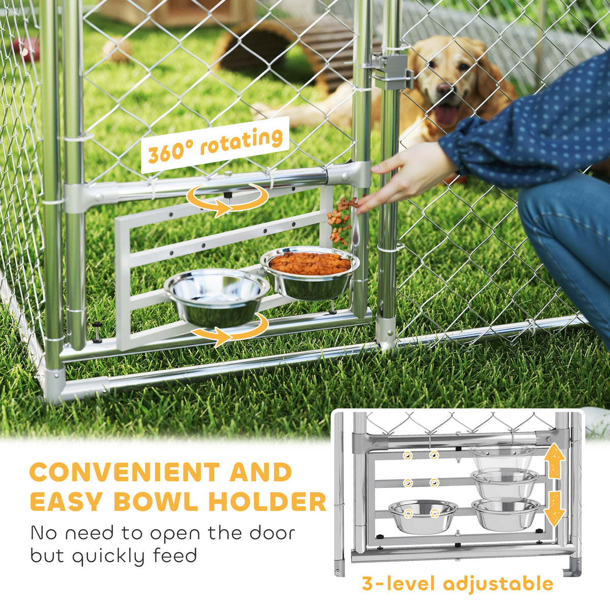 Outdoor Dog Kennel with Rotatable Bowl Rack Waterproof UV Cover 19.7x7.5x7.5 ft
