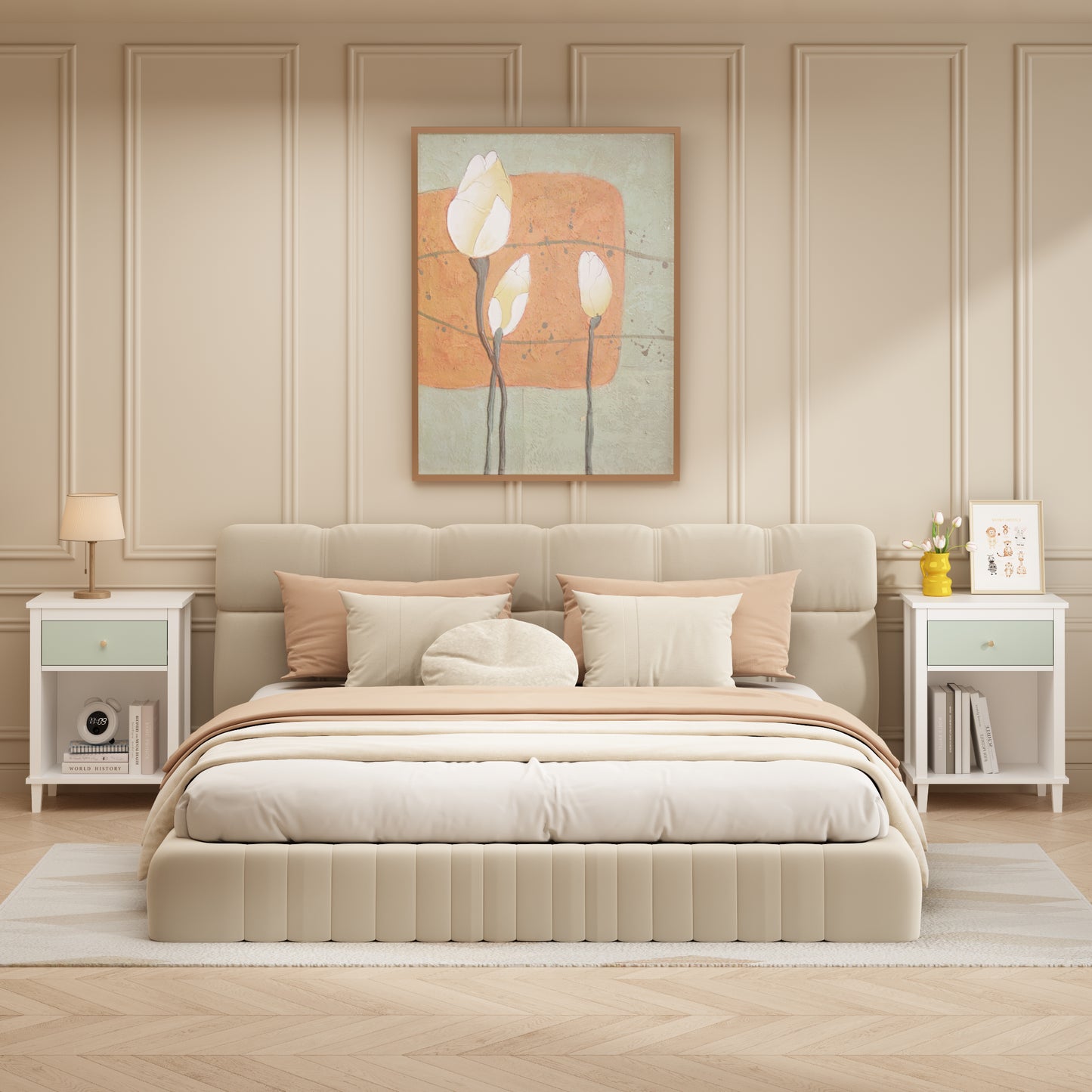 Wooden Nightstand with Drawer and Shelf - White & Green
