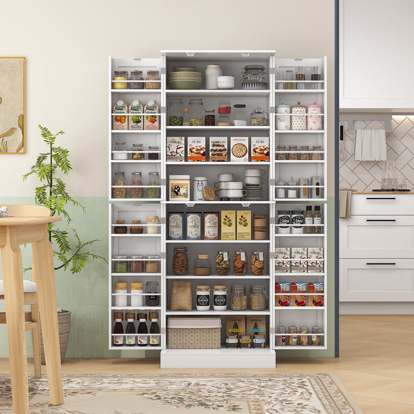 65" Kitchen Pantry Cabinet with 4 Doors and 16 Shelves - White