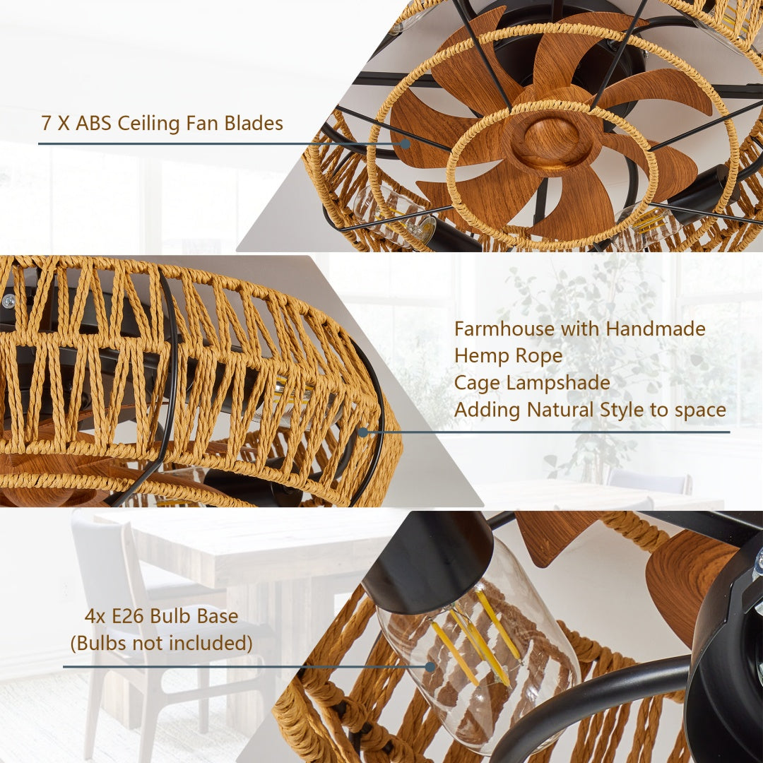 19-Inch Caged Ceiling Fan with Lights & Remote, Reversible Low Profile Flush Mount