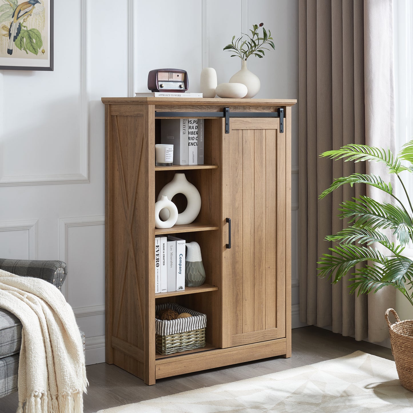 Farmhouse 5-Drawer Dresser with Sliding Barn Door - Oak