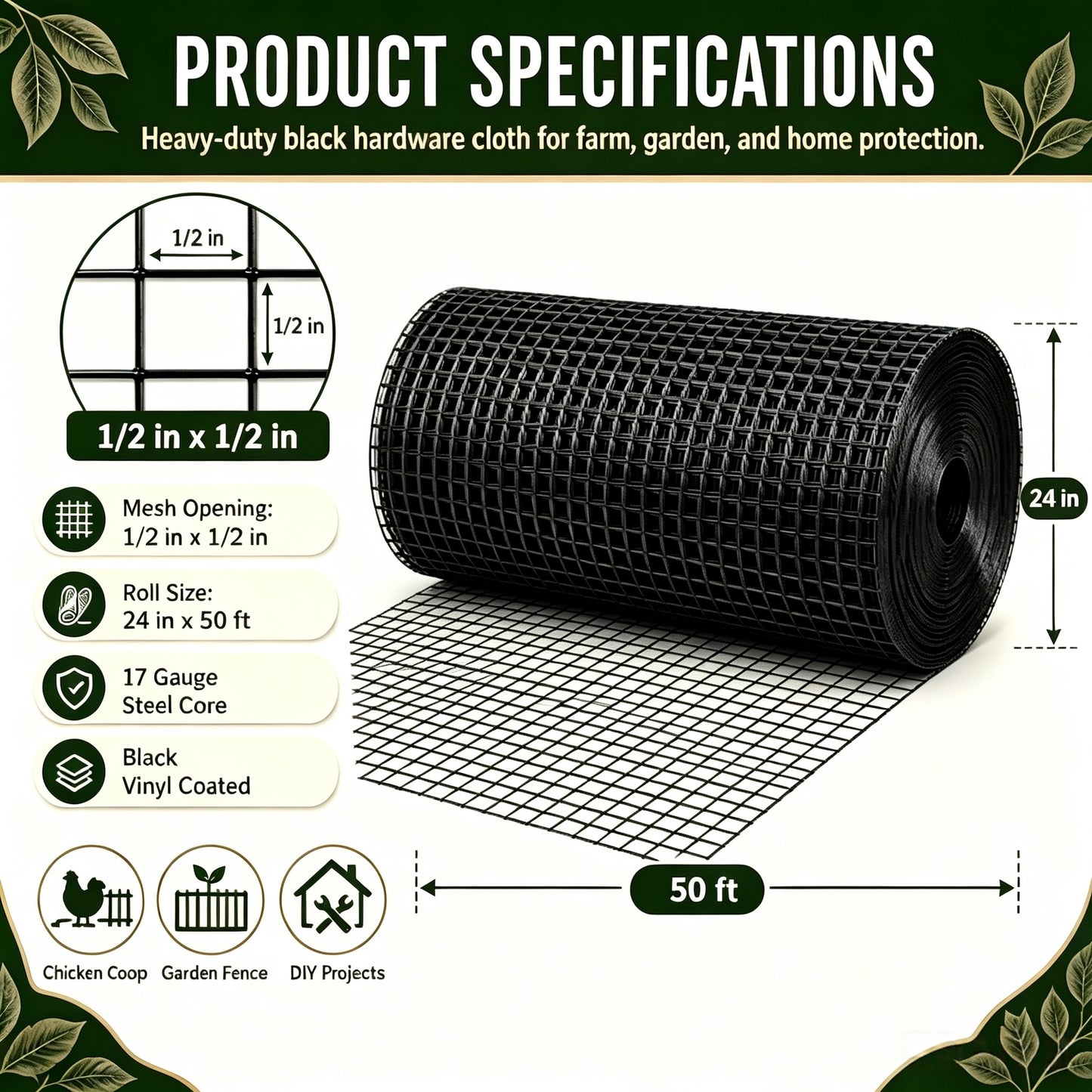 Black 24in x 50ft Metal Mesh Wire Fencing Roll - 1/2in Welded